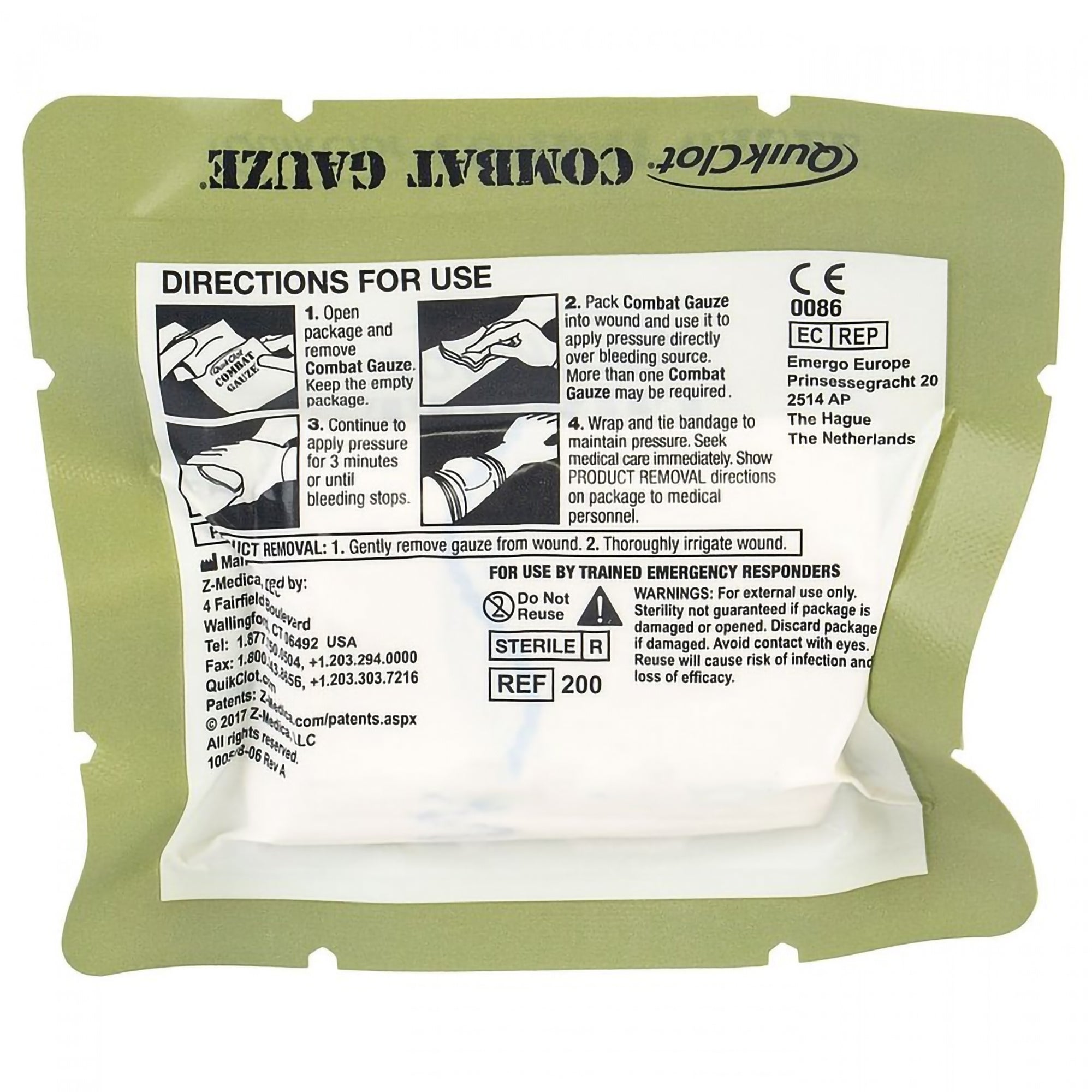 Hemostatic Dressing QuikClot Combat Gauze 3 Inch X 4 Yard 1 per Pack Sterile