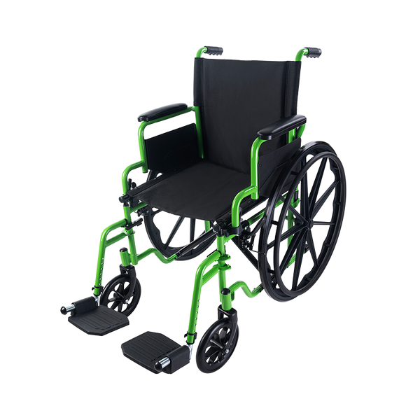 green and black manual wheelchair angled left on white background