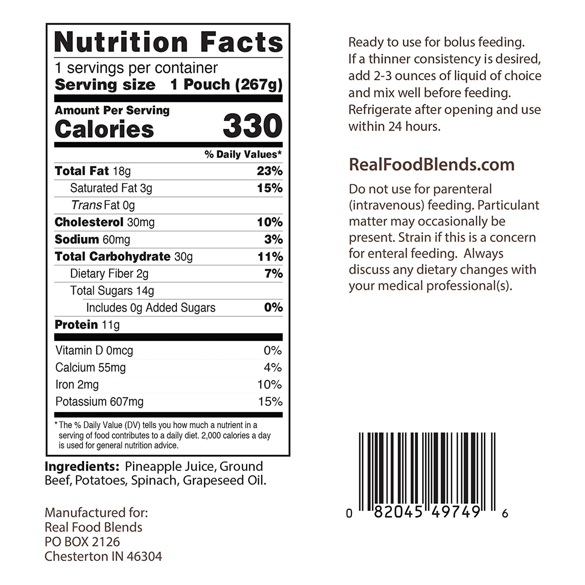 Tube Feeding Formula Real Food Blends Beef / Potatoes / Spinach Flavor Liquid 9.4 oz. Pouch