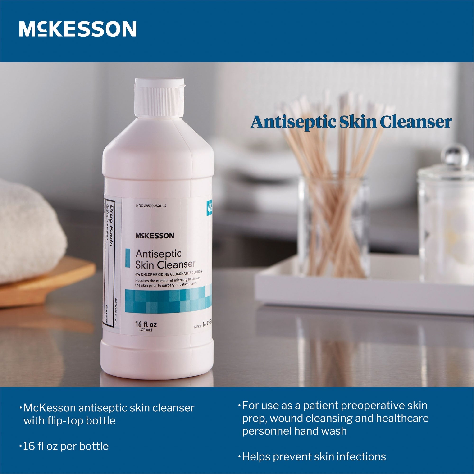 Antiseptic Skin Cleanser McKesson 16 oz. Flip-Top Bottle 4% Strength CHG (Chlorhexidine Gluconate) / Isopropyl Alcohol NonSterile, Packaging Type- Case