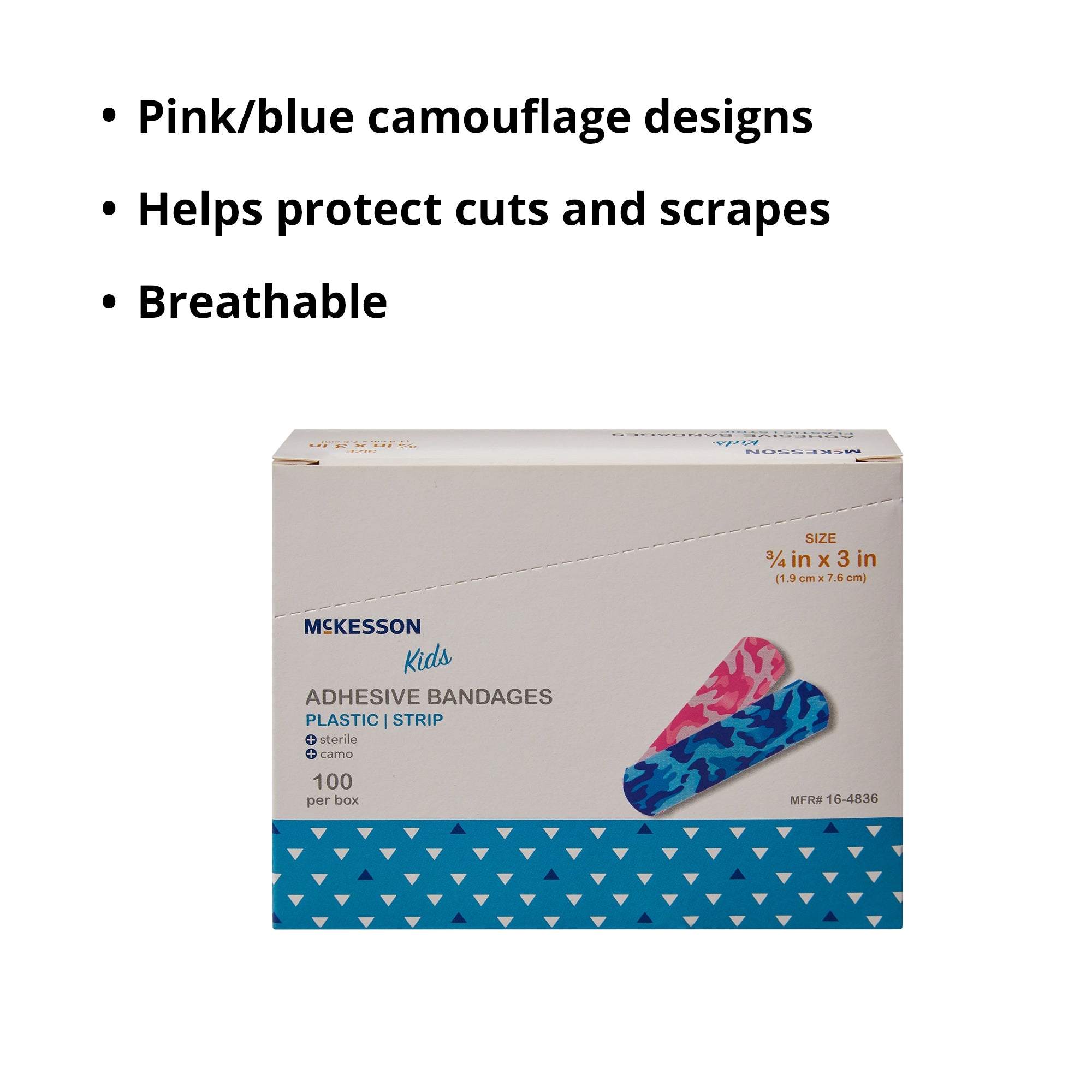 Tira adhesiva McKesson Kids de 3/4 x 3 pulgadas, diseño rectangular de plástico para niños (camuflaje azul/rosa), estéril, embalaje: caja.