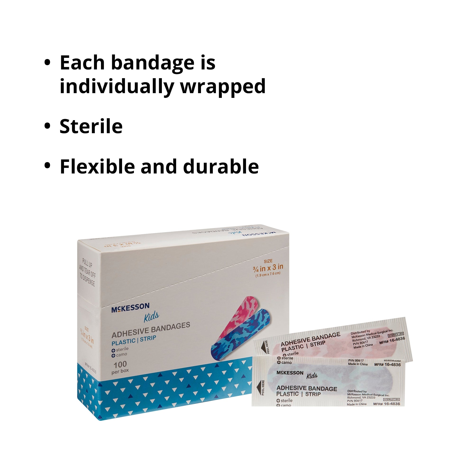 Tira adhesiva McKesson Kids de 3/4 x 3 pulgadas, diseño rectangular de plástico para niños (camuflaje azul/rosa), estéril, embalaje: caja.