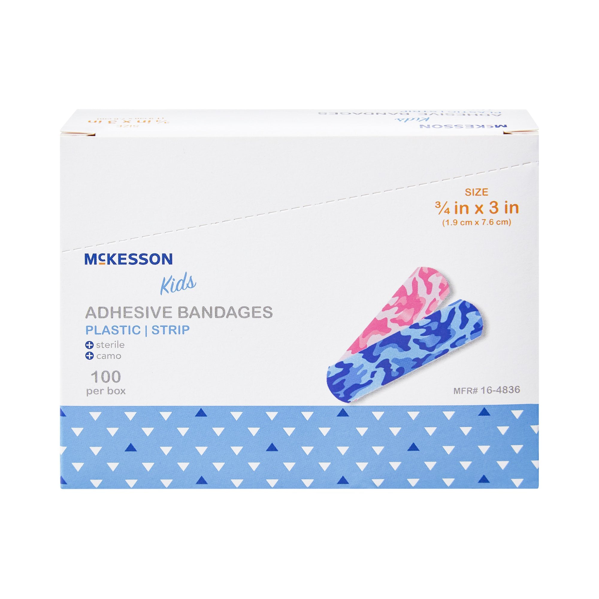 Adhesive Strip McKesson Kids 3/4 X 3 Inch Plastic Rectangle Kid Design (Blue / Pink Camo) Sterile, Packaging Type- Case