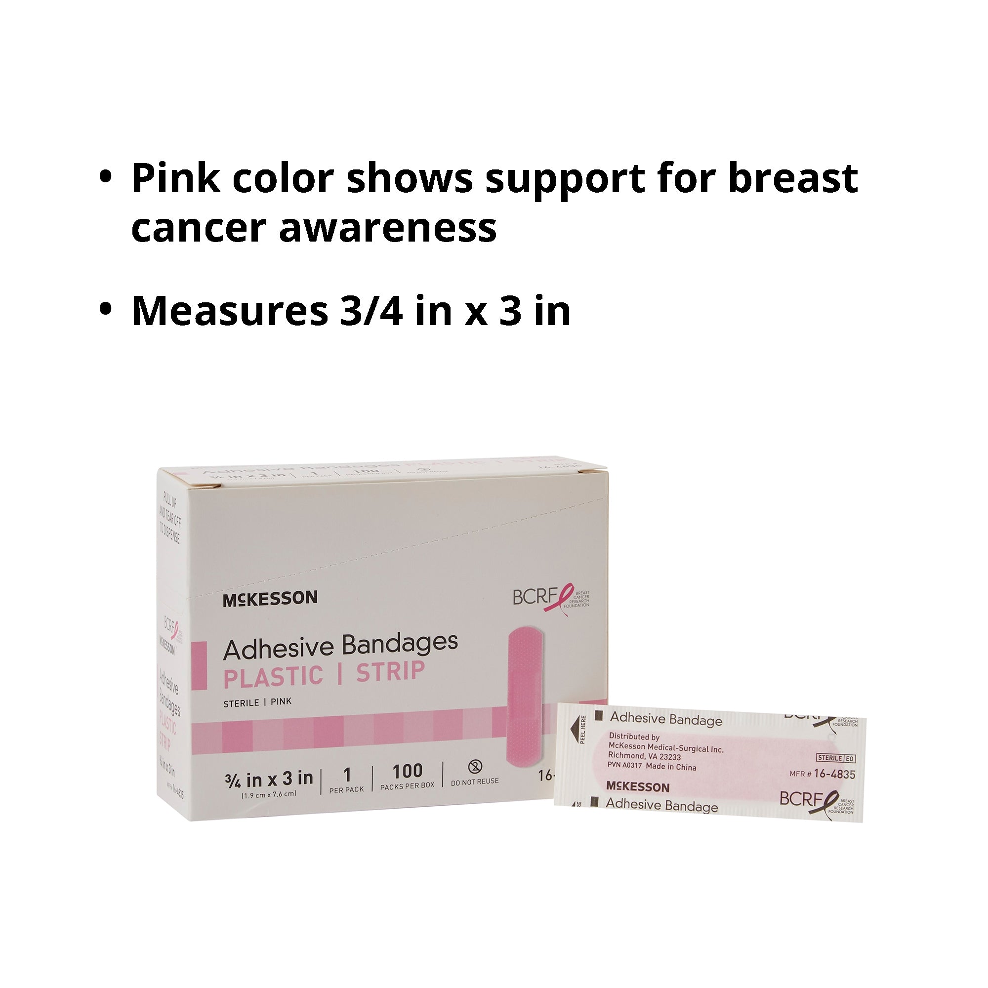Tira adhesiva McKesson de 3/4 x 3 pulgadas, rectangular, de plástico, rosa, estéril. Embalaje: caja.