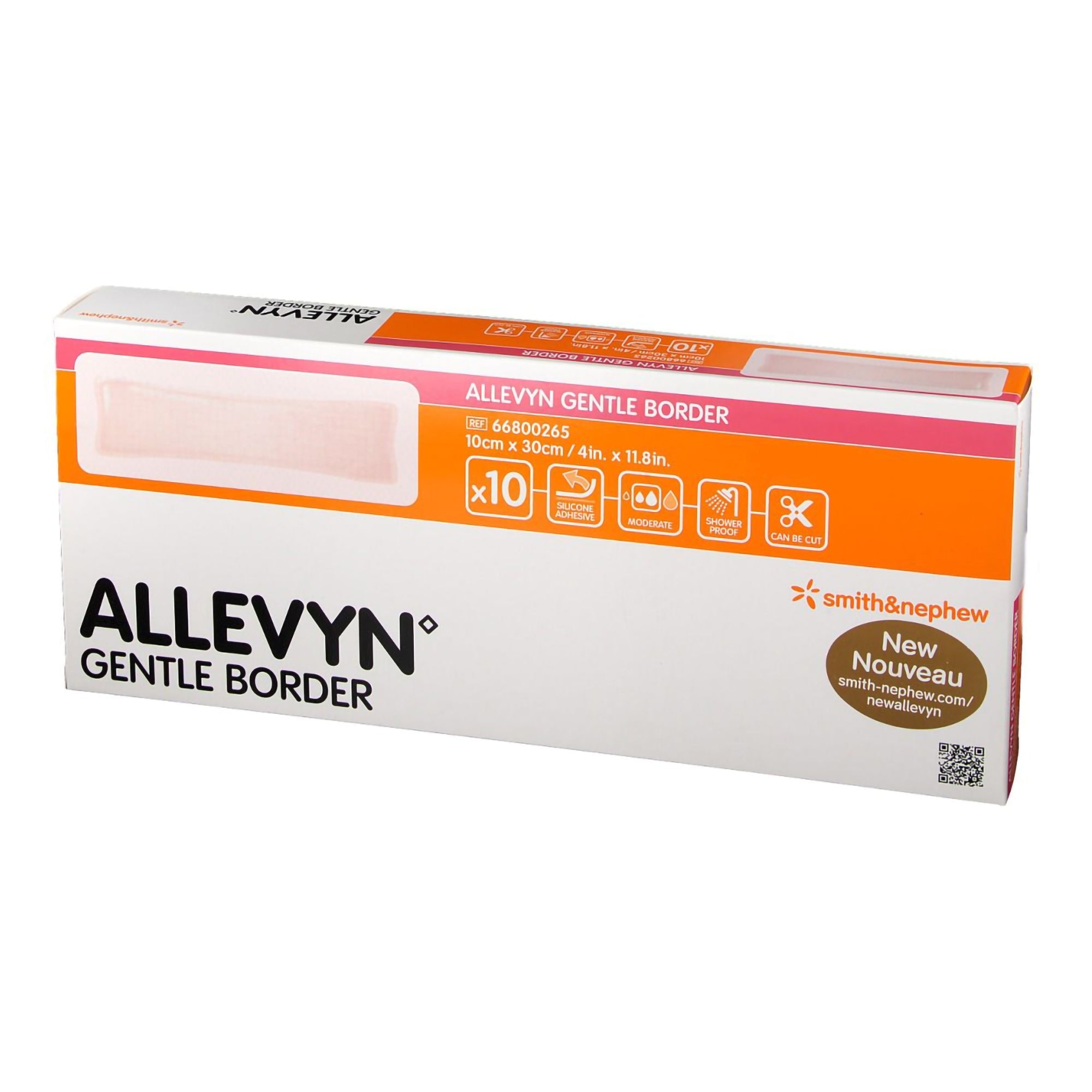 Apósito de espuma Allevyn Gentle Border de 4 x 10 pulgadas con borde, respaldo de película, adhesivo de gel de silicona, rectangular, estéril. Tipo de embalaje: 1 caja.