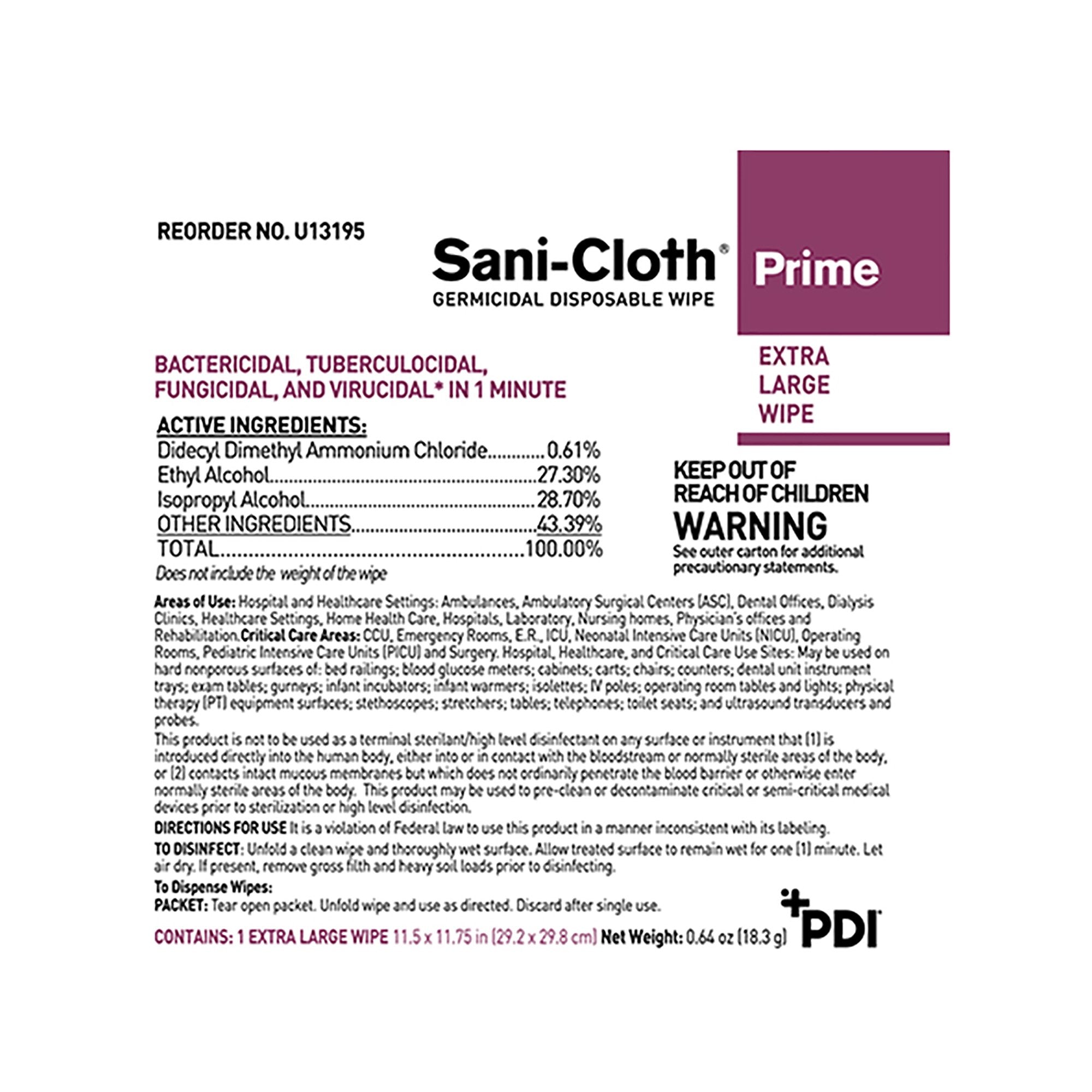 Sani-Cloth Prime Surface Disinfectant Cleaner Premoistened Germicidal Manual Pull Wipe 50 Count Individual Packet Alcohol Scent NonSterile