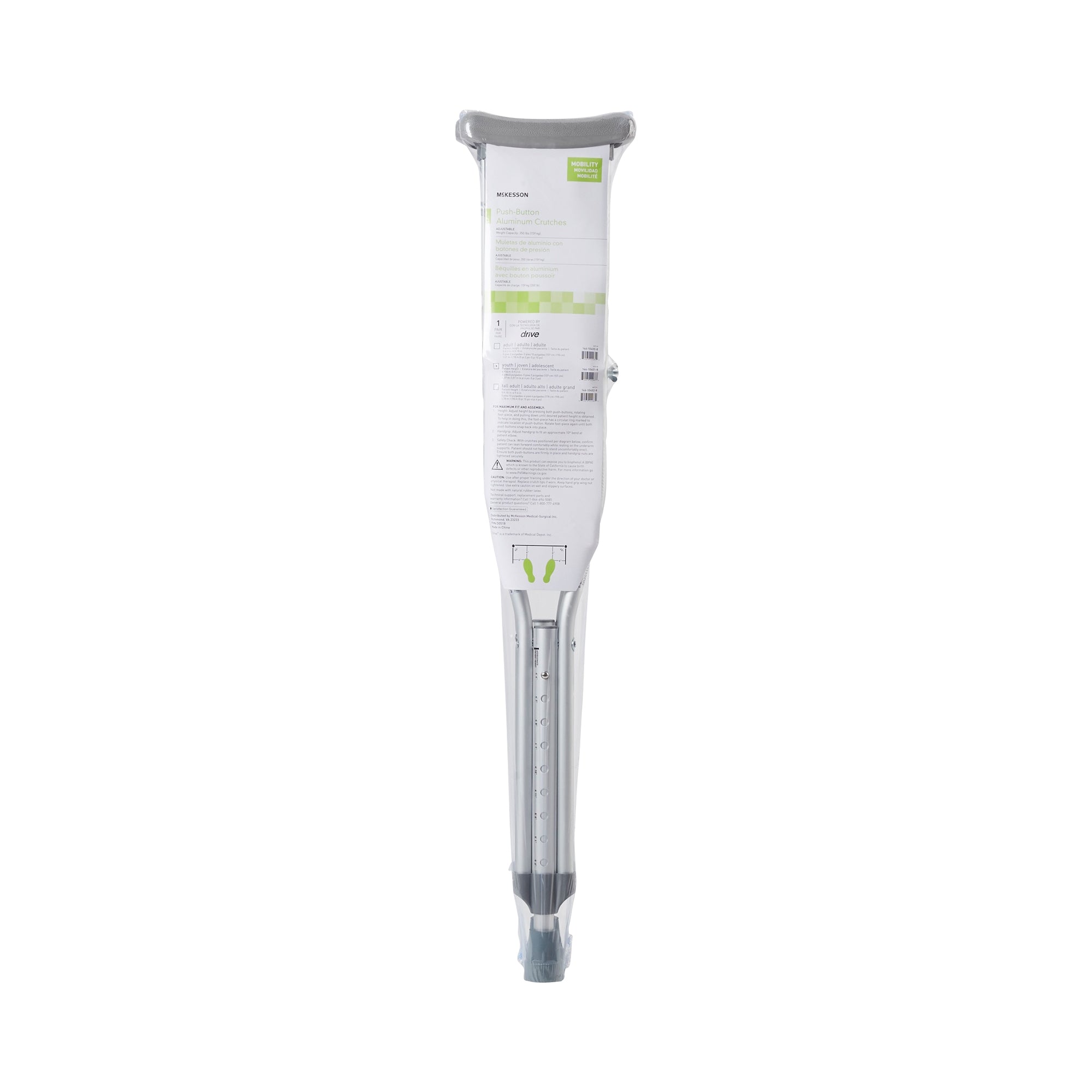 McKesson Underarm Crutches Youth | 350 lbs Capacity, Adjustable Height (4'6"–5'2")