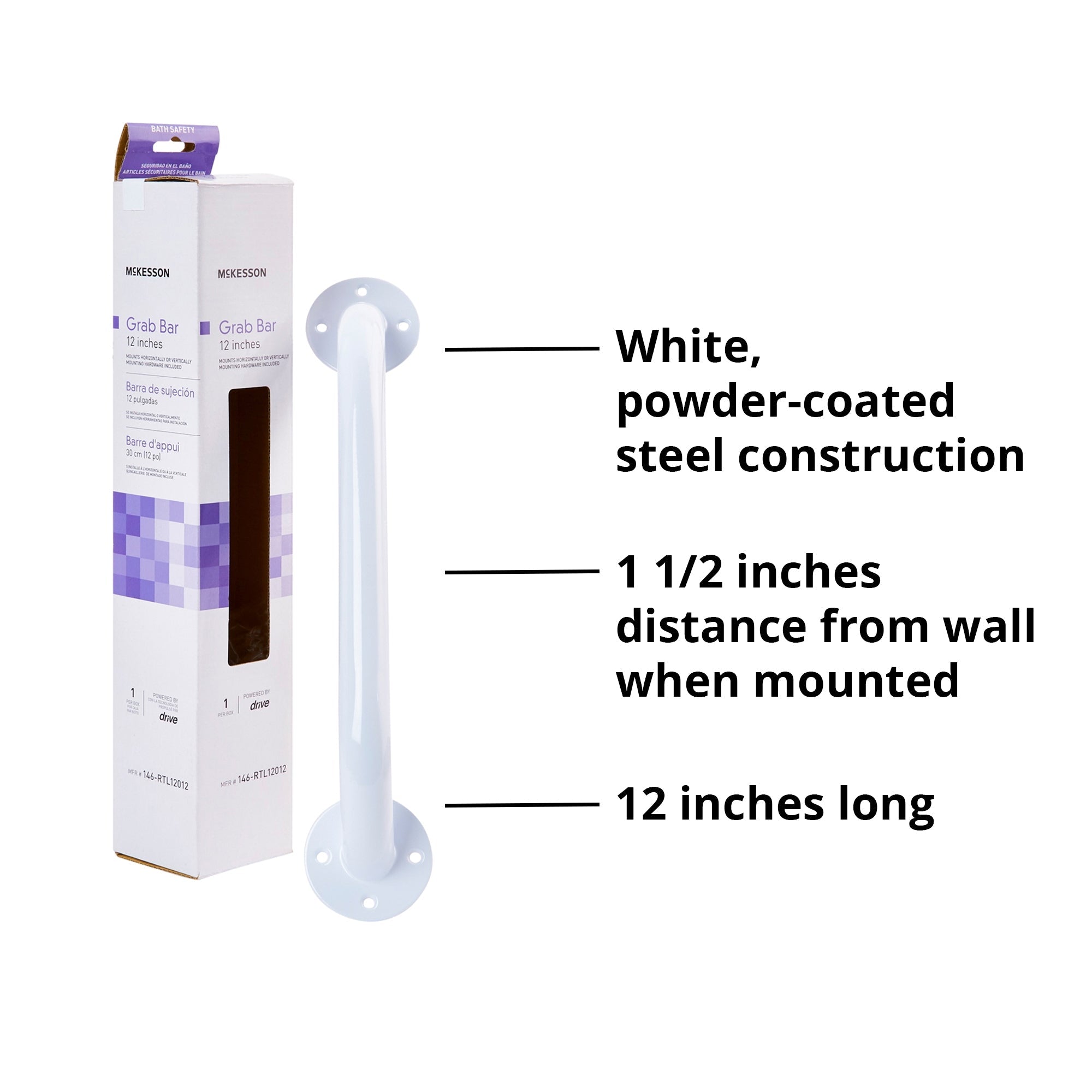 Wall Grab Bar McKesson White Steel, Packaging Type - Each