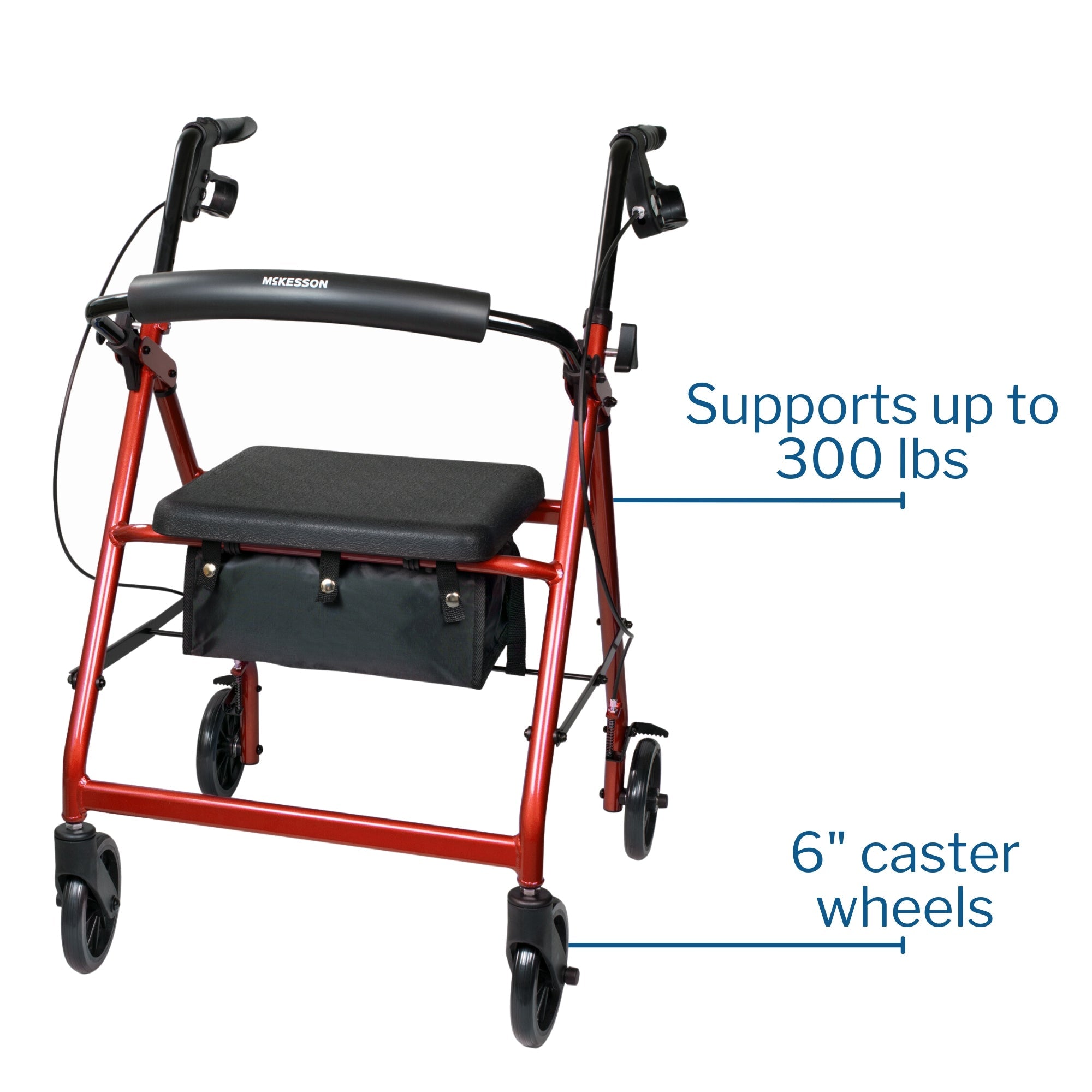 4 Wheel Rollator McKesson Red Adjustable Height / Folding Aluminum Frame