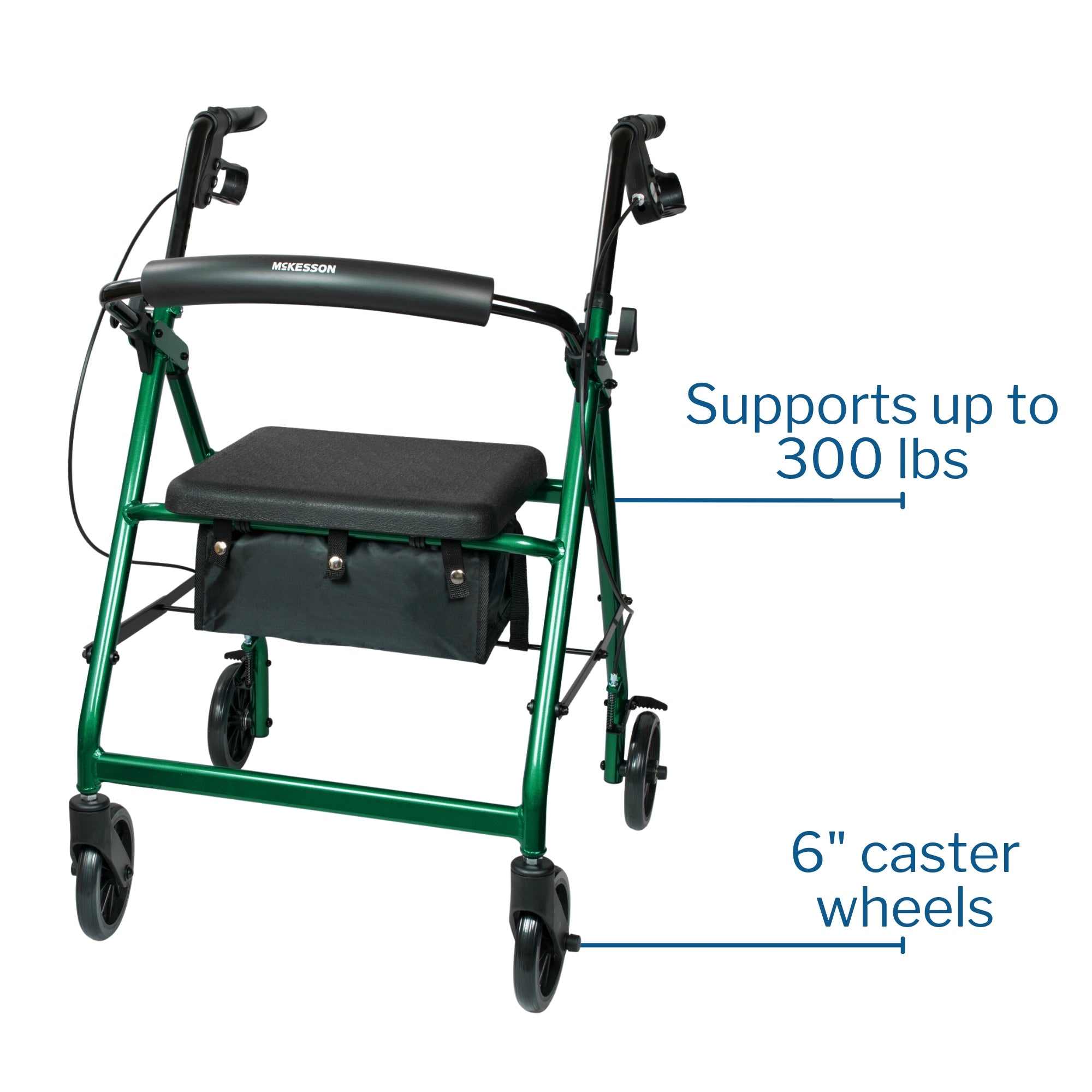 4 Wheel Rollator McKesson Green Adjustable Height / Folding Aluminum Frame