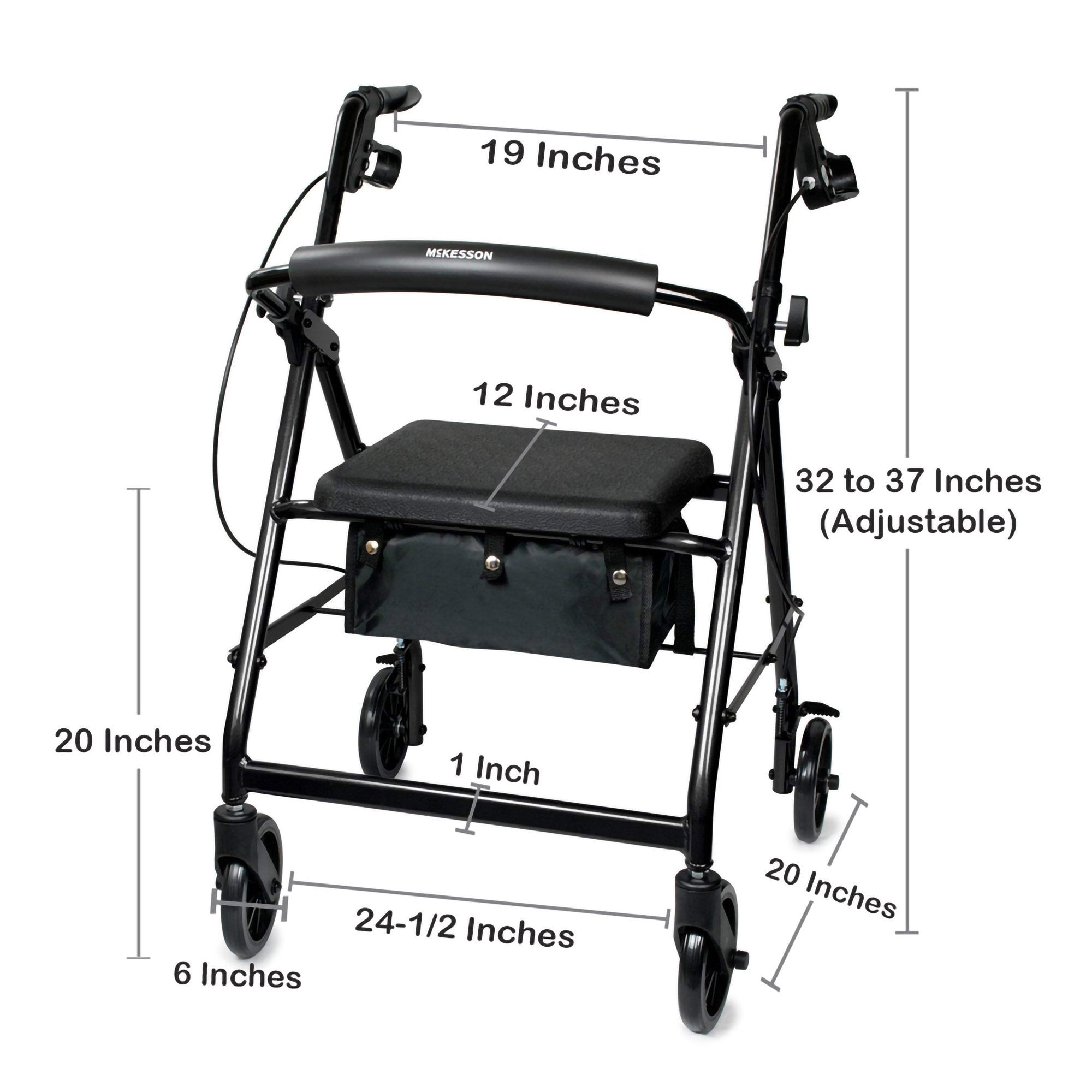 4 Wheel Rollator McKesson Black Adjustable Height / Folding Aluminum Frame, Packaging Type- Each