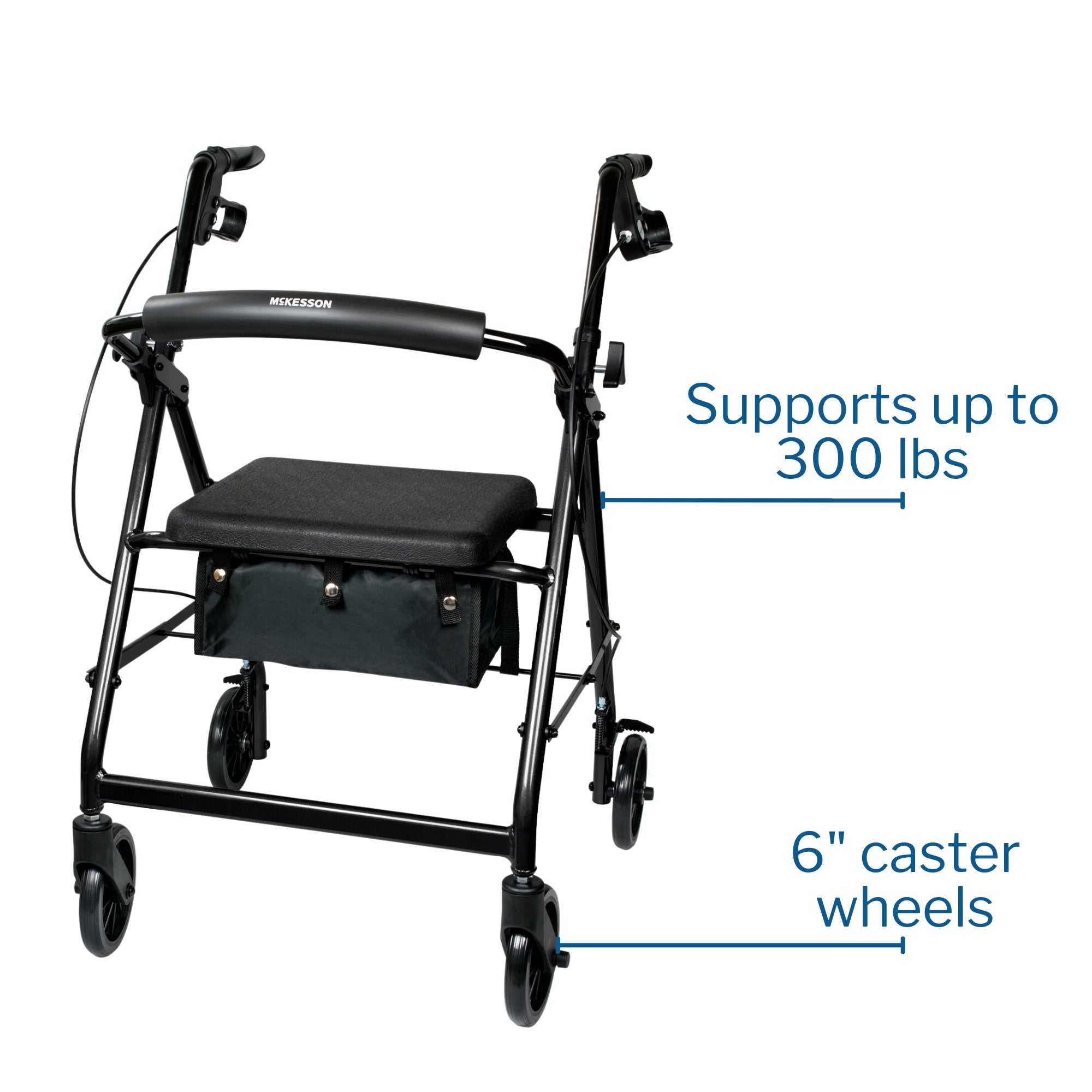 4 Wheel Rollator McKesson Black Adjustable Height / Folding Aluminum Frame, Packaging Type- Each