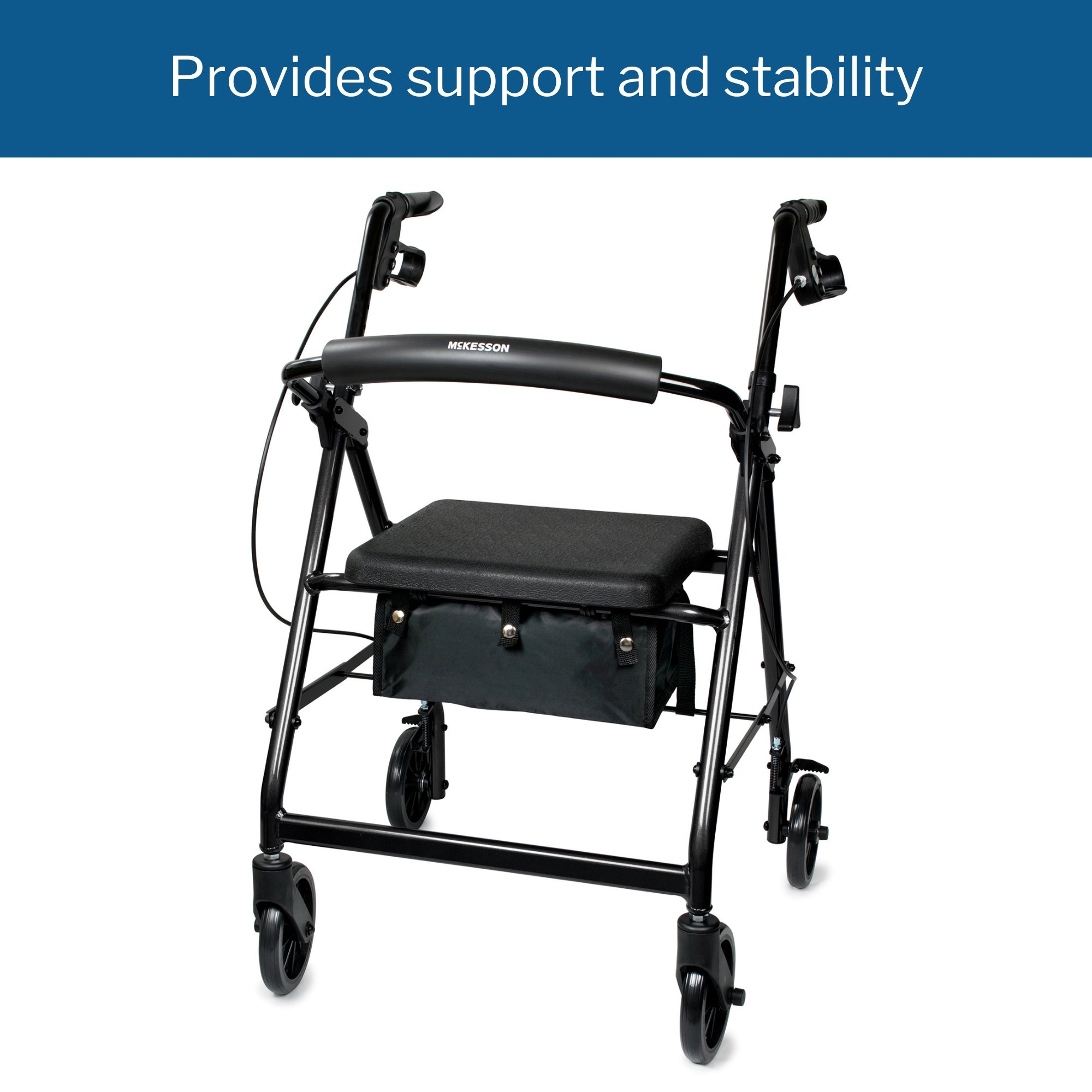 4 Wheel Rollator McKesson Black Adjustable Height / Folding Aluminum Frame, Packaging Type- Each