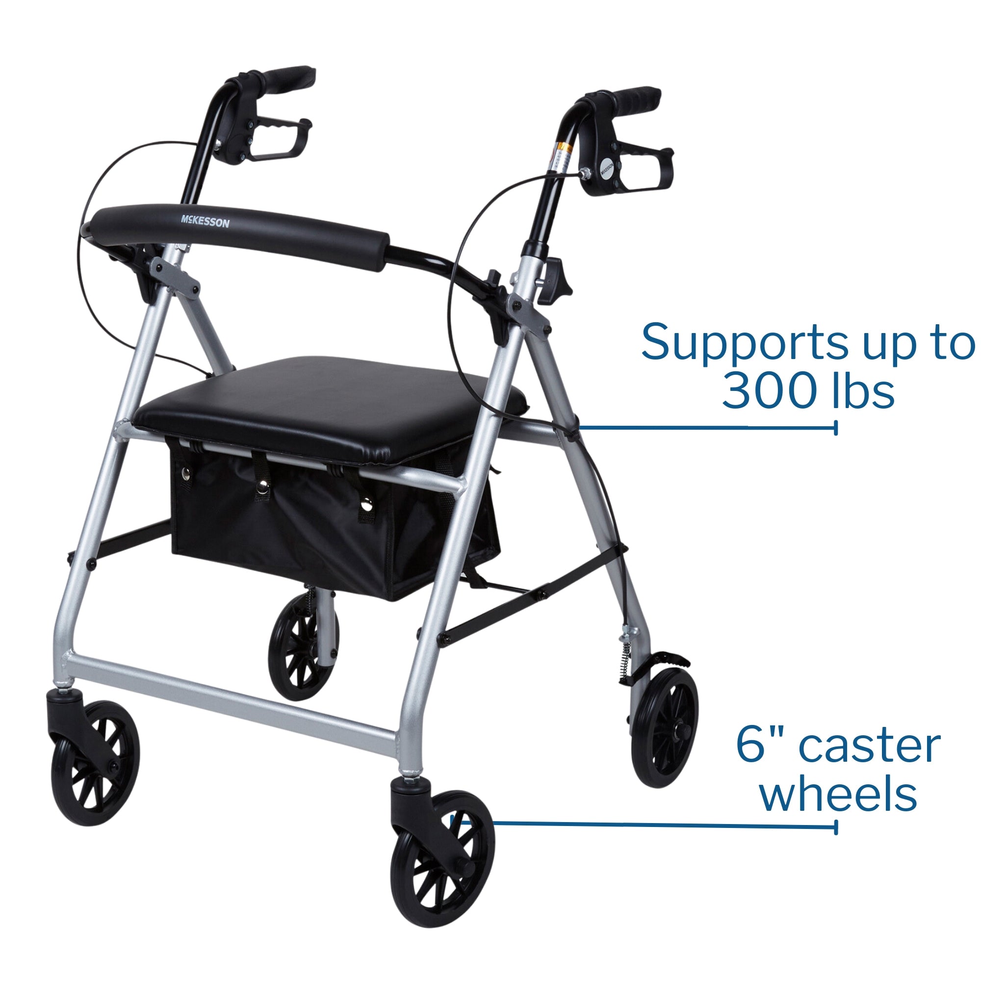 4 Wheel Rollator McKesson Silver Adjustable Height / Folding Aluminum Frame, Packaging Type- Each