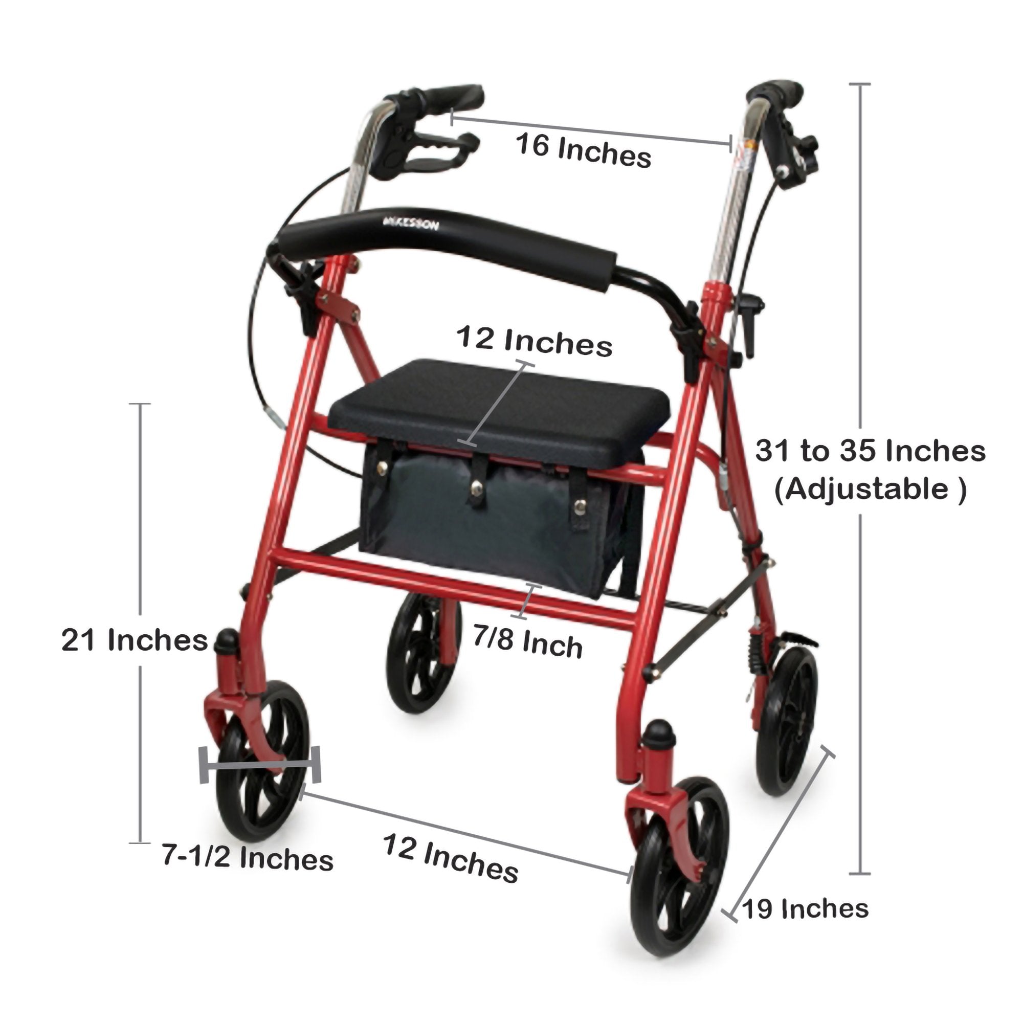 4 Wheel Rollator McKesson Red Adjustable Height / Folding Steel Frame, Packaging Type- Each