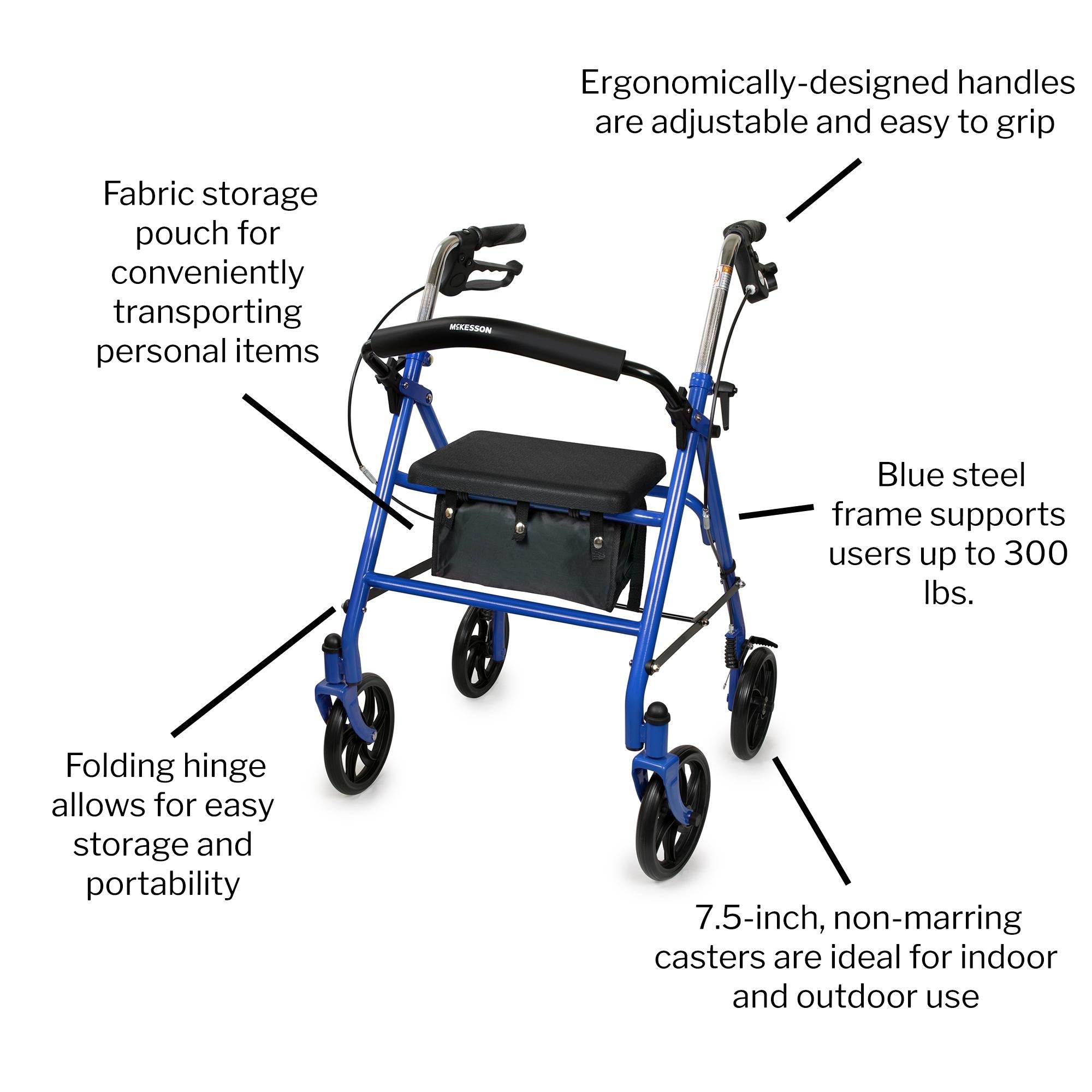 4 Wheel Rollator McKesson Blue Adjustable Height / Folding Steel Frame, Packaging Type- Each