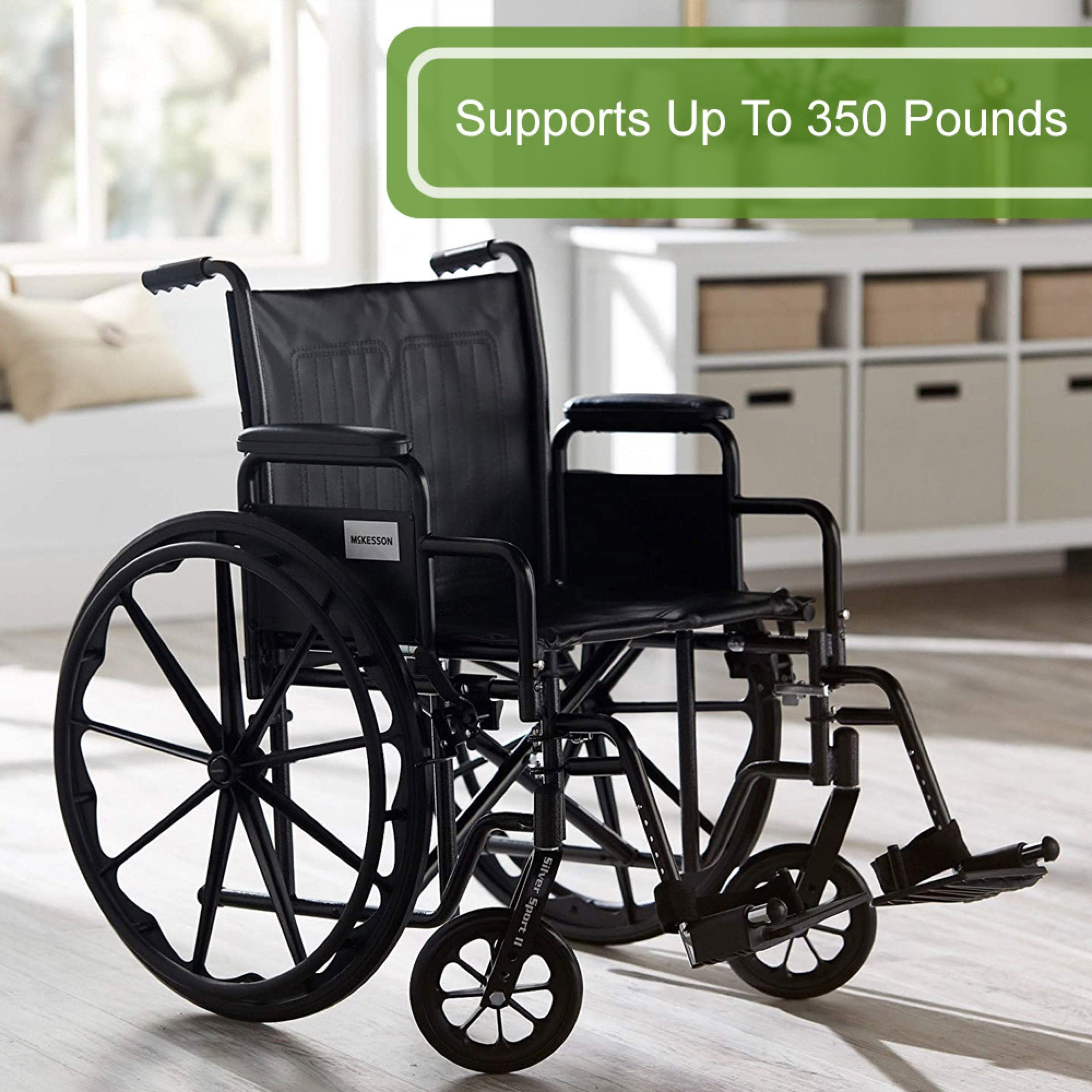 Wheelchair McKesson Dual Axle Desk Length Arm Swing-Away Footrest Black Upholstery 20 Inch Seat Width Adult 350 lbs. Weight Capacity, Packaging Type- Each