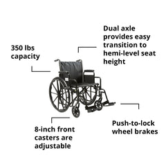 Adult wheelchair with smooth-rolling caster wheels and safety brakes
