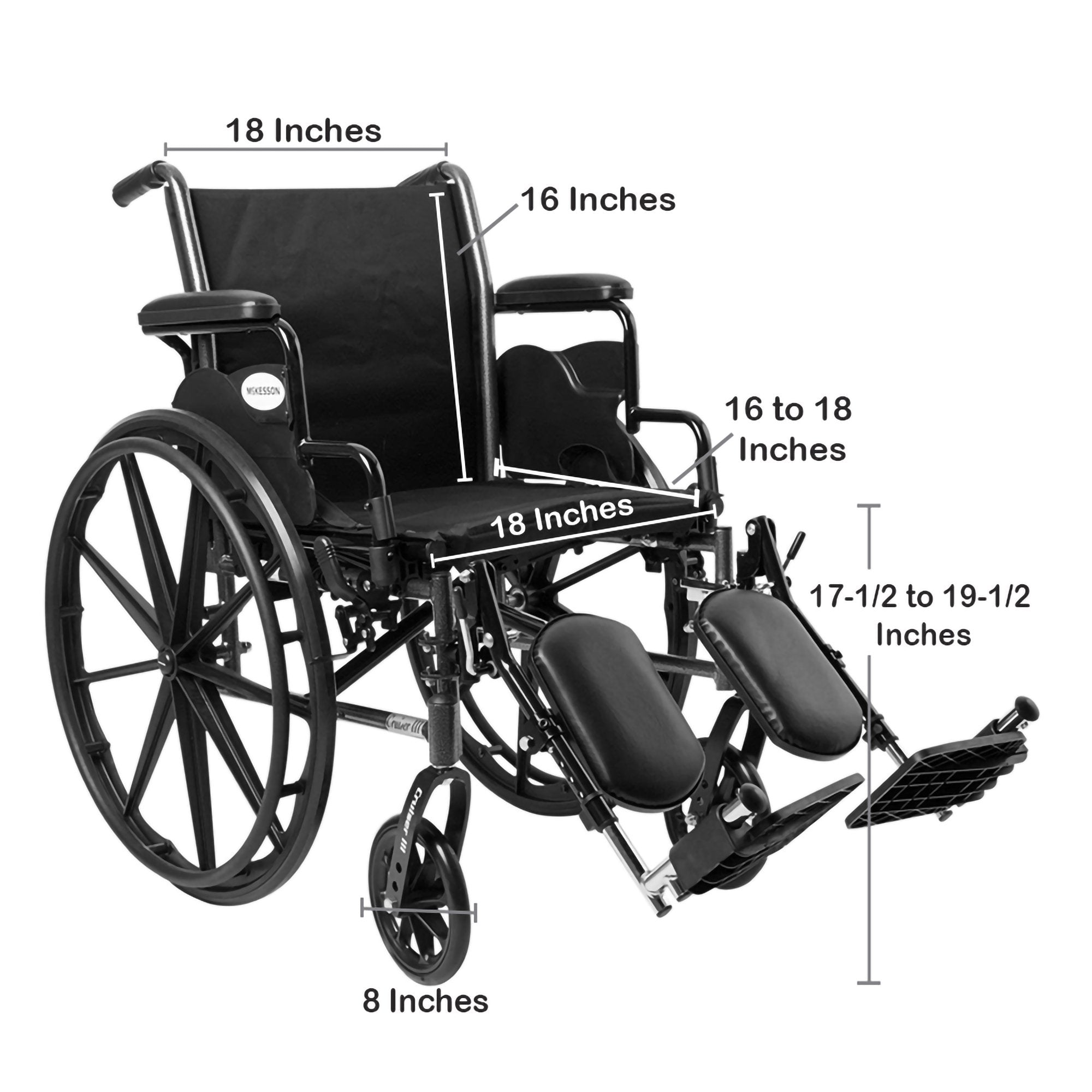 Lightweight Wheelchair McKesson Dual Axle Desk Length Arm Swing-Away Elevating Legrest Black Upholstery 18 Inch Seat Width Adult 300 lbs. Weight Capacity, Packaging Type- Each
