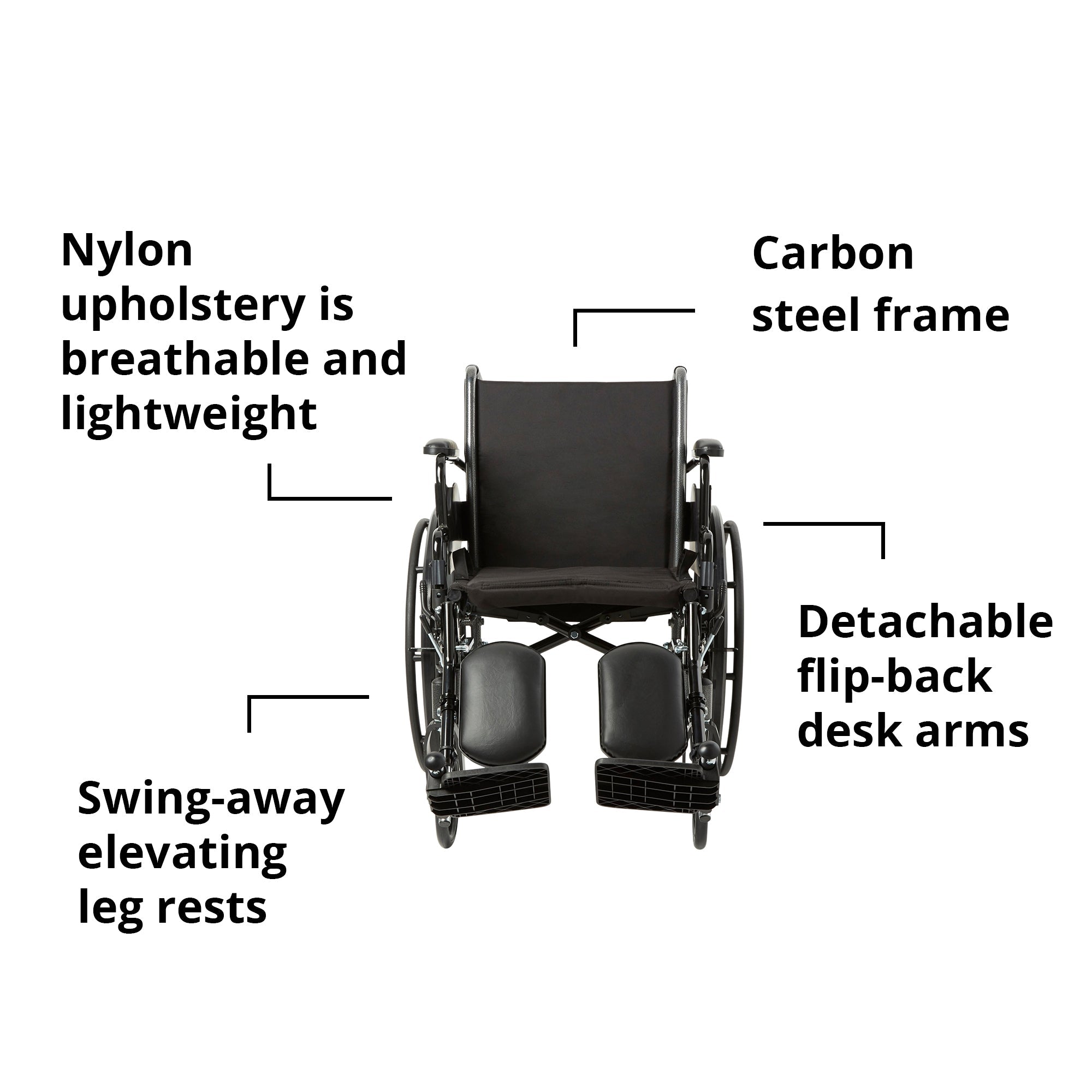 Lightweight Wheelchair McKesson Dual Axle Desk Length Arm Swing-Away Elevating Legrest Black Upholstery 18 Inch Seat Width Adult 300 lbs. Weight Capacity, Packaging Type- Each