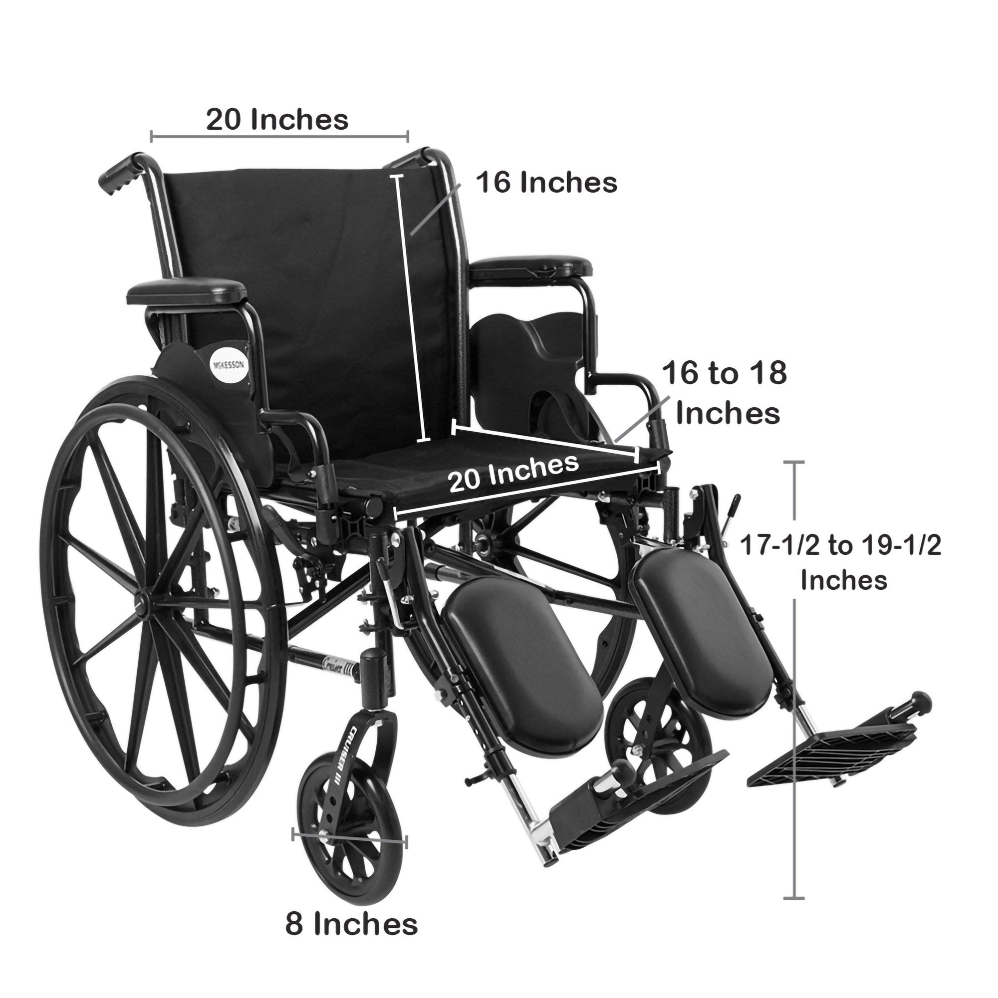 Lightweight Wheelchair McKesson Dual Axle Desk Length Arm Swing-Away Elevating Legrest Black Upholstery 20 Inch Seat Width Adult 300 lbs. Weight Capacity, Packaging Type- Each