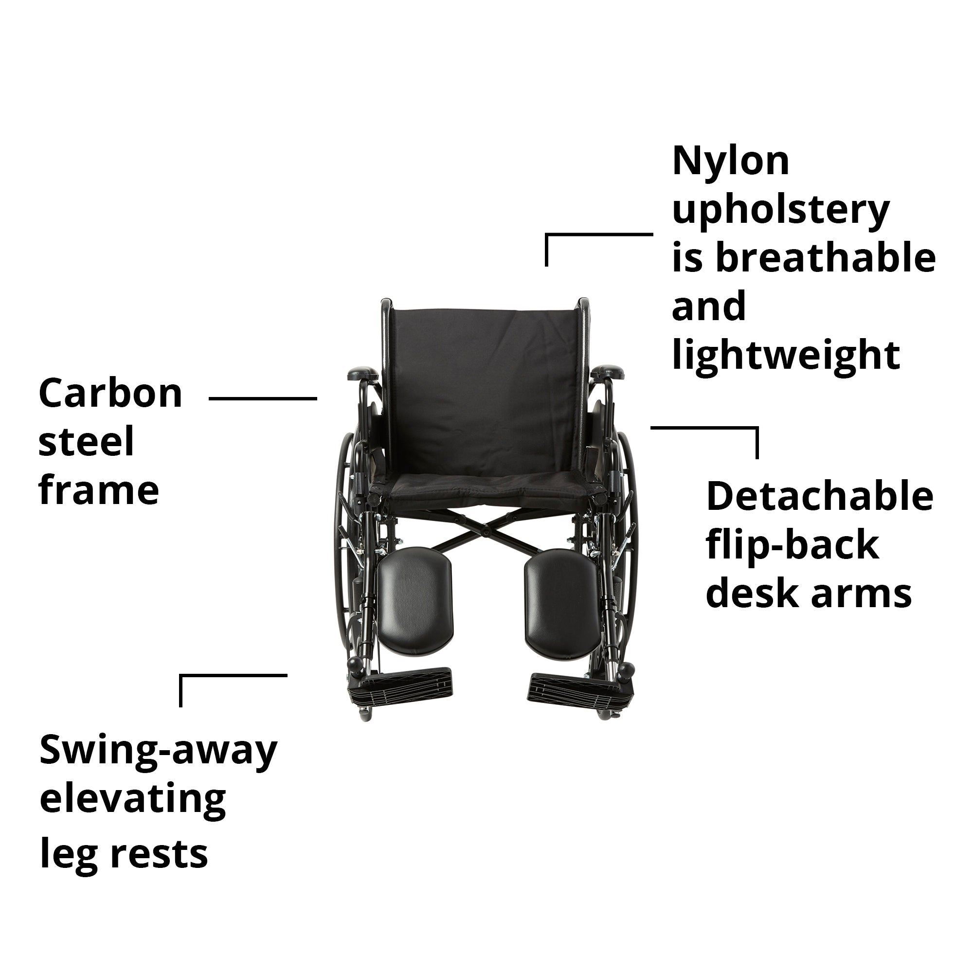 Lightweight Wheelchair McKesson Dual Axle Desk Length Arm Swing-Away Elevating Legrest Black Upholstery 20 Inch Seat Width Adult 300 lbs. Weight Capacity, Packaging Type- Each