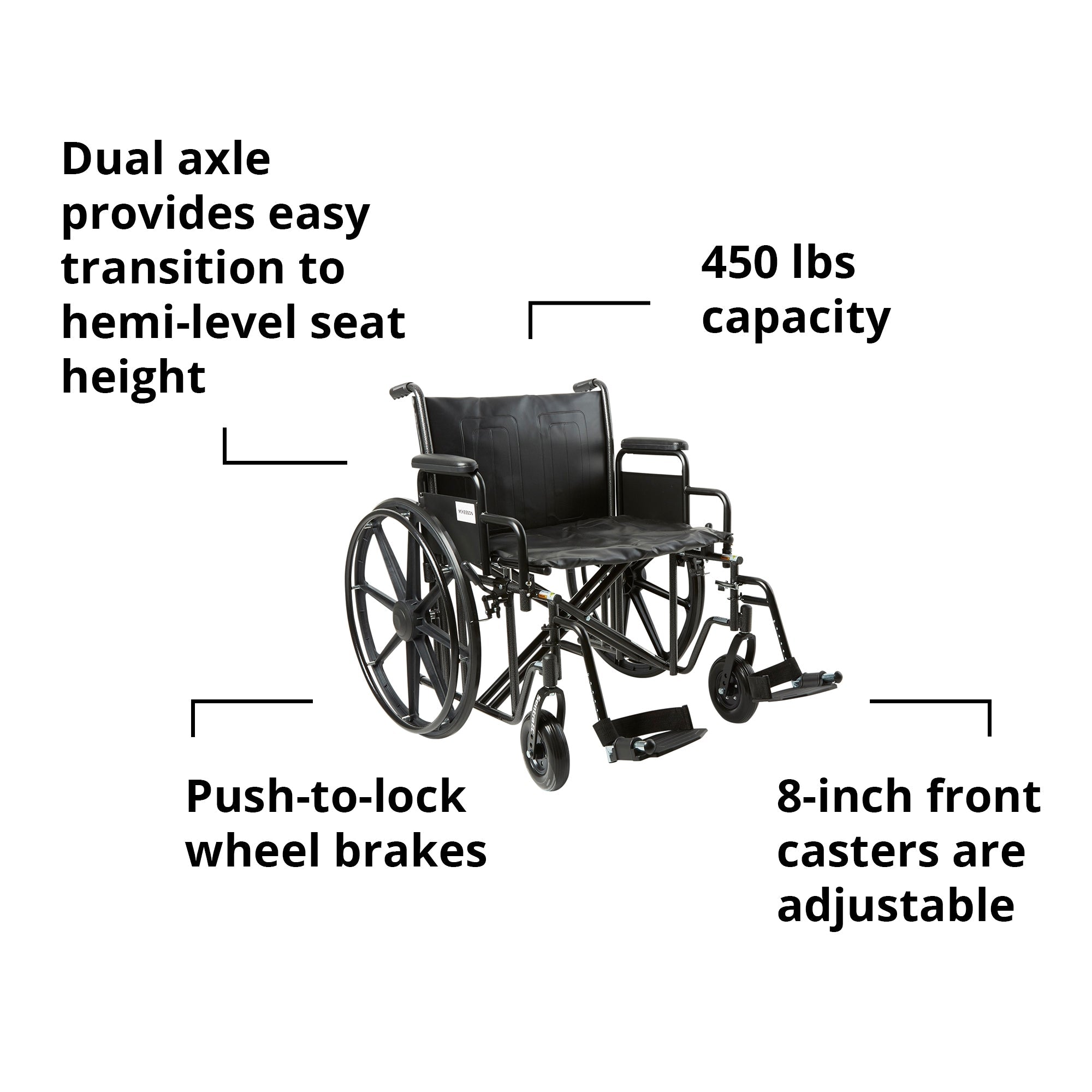 Bariatric Wheelchair McKesson Dual Axle Desk Length Arm Swing-Away Footrest Black Upholstery 24 Inch Seat Width Adult 450 lbs. Weight Capacity, Packaging Type- Each