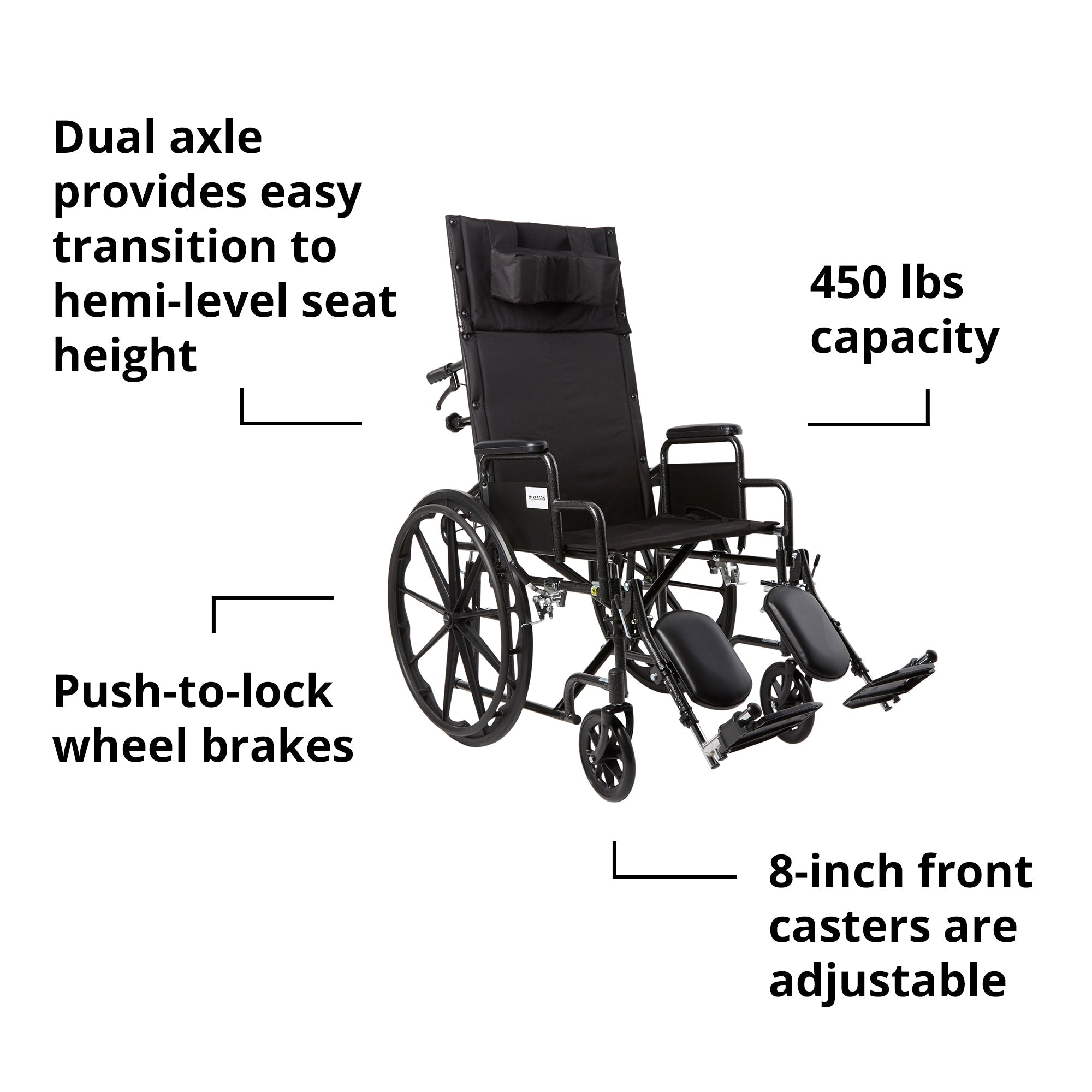 Reclining Wheelchair McKesson Desk Length Arm Swing-Away Elevating Legrest Black Upholstery 20 Inch Seat Width Adult 350 lbs. Weight Capacity, Packaging Type- Each