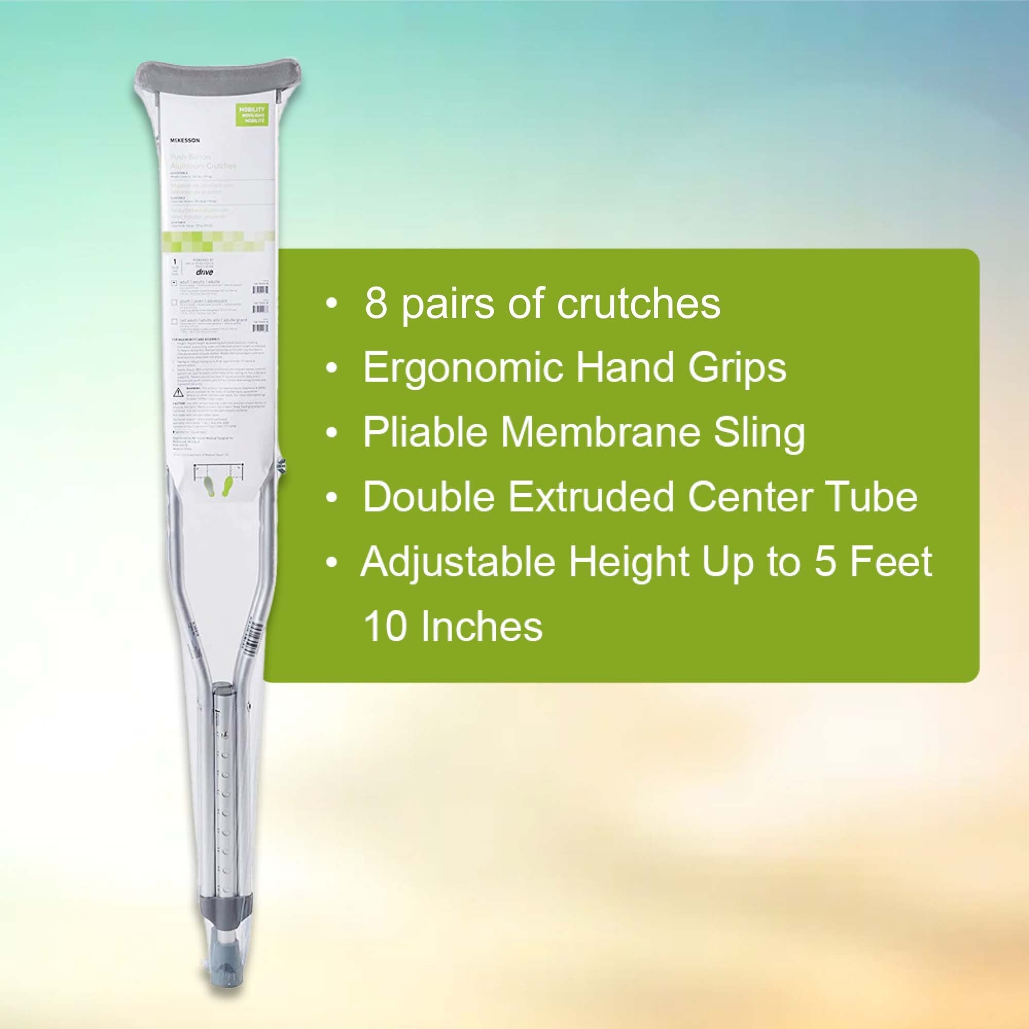 Underarm Crutches McKesson Adult 5 Foot 2 Inch to 5 Foot 10 Inch User Height Aluminum Frame 350 lbs. Weight Capacity, Packaging Type- Case