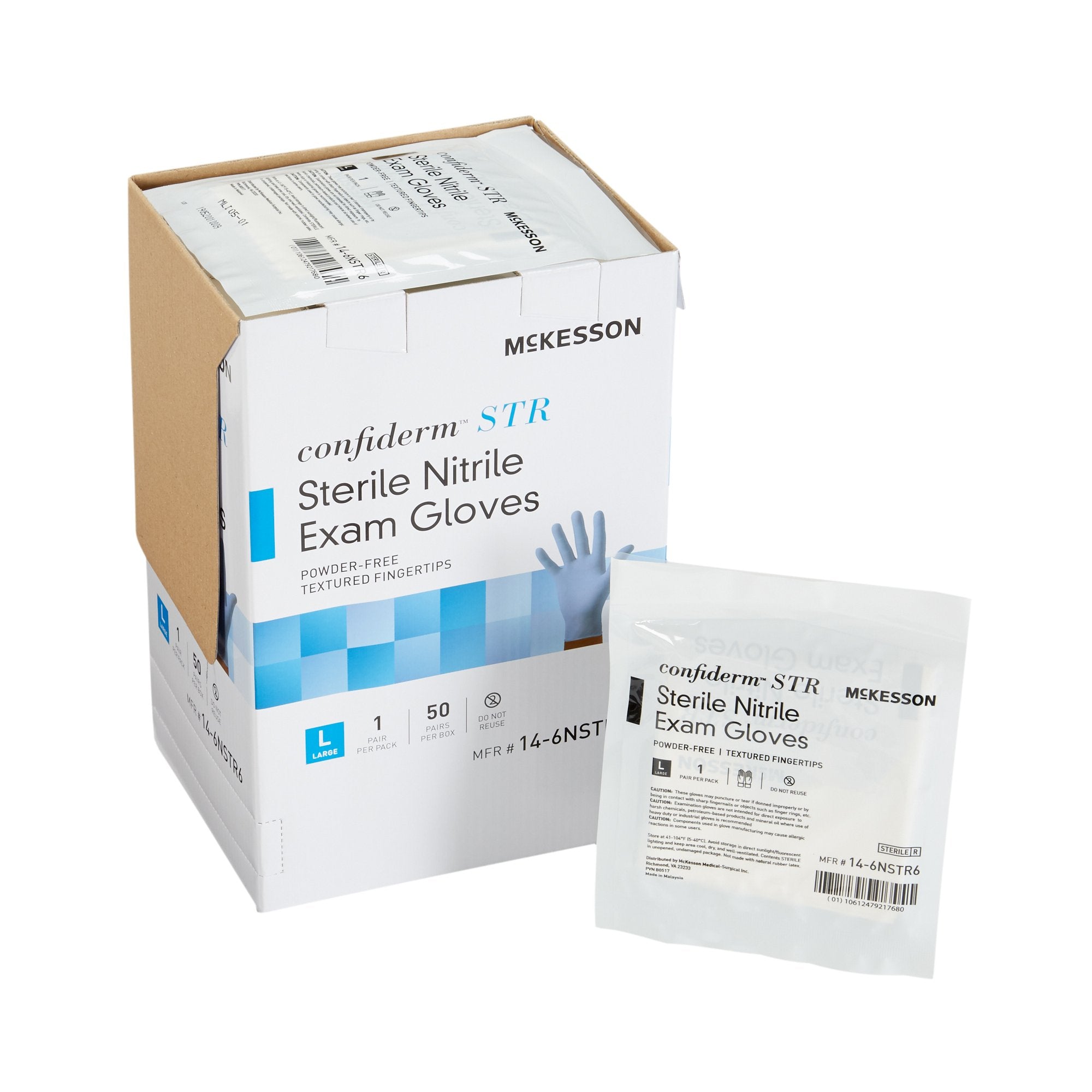 Exam Glove McKesson Confiderm STR Large Sterile Pair Nitrile Standard Cuff Length Textured Fingertips Blue Not Rated,Packaging Type- Box
