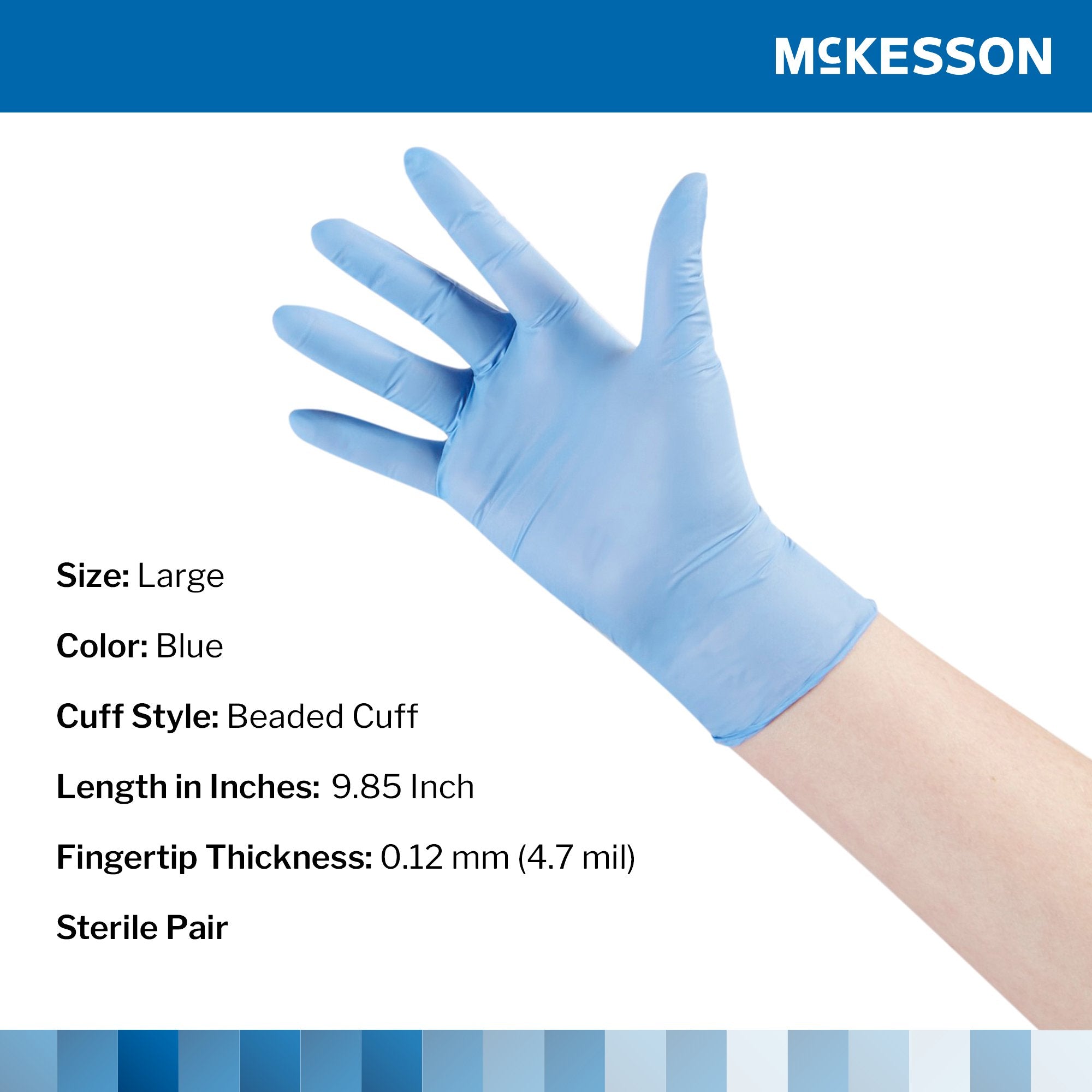 Exam Glove McKesson Confiderm STR Large Sterile Pair Nitrile Standard Cuff Length Textured Fingertips Blue Not Rated,Packaging Type- Box
