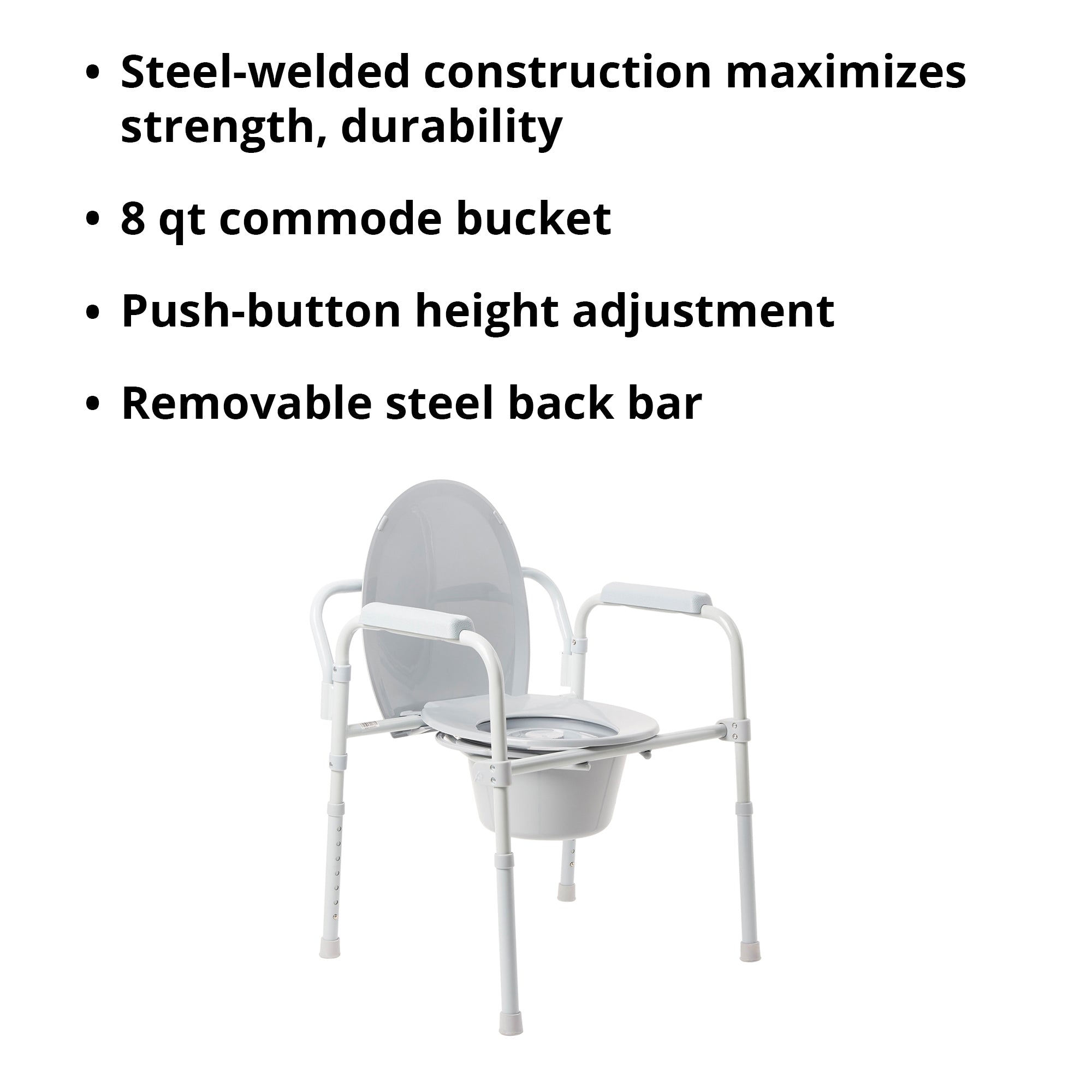 3-in-1 Commode Chair McKesson Fixed Arms Steel Frame Back Bar 13-1/4 Inch Seat Width 350 lbs. Weight Capacity, Packaging Type- Case