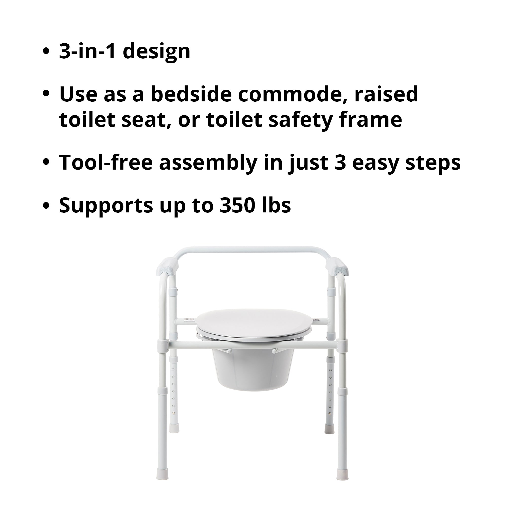 3-in-1 Commode Chair McKesson Fixed Arms Steel Frame Back Bar 13-1/4 Inch Seat Width 350 lbs. Weight Capacity, Packaging Type- Case