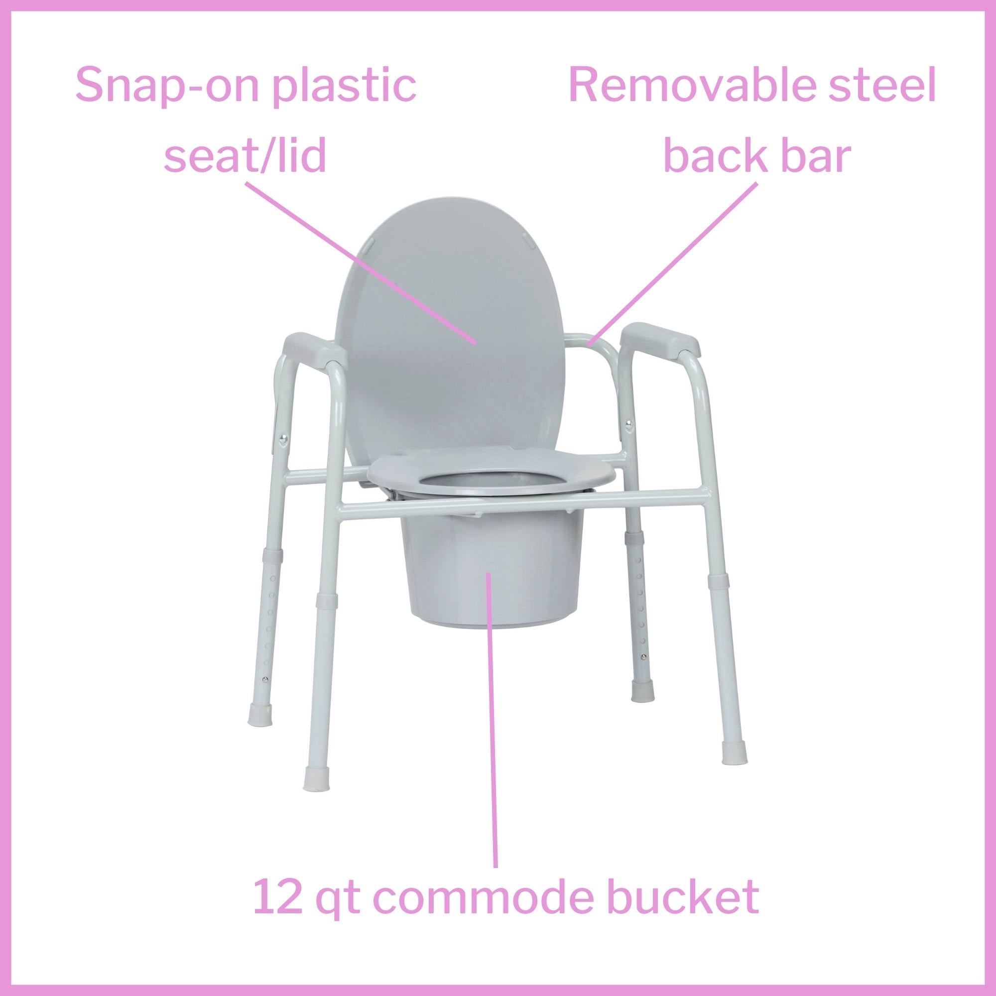 Commode Chair McKesson Fixed Arms Steel Frame Back Bar 13-3/4 Inch Seat Width 350 lbs. Weight Capacity, Packaging Type- Case