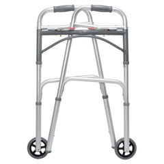 Dual Release Folding Walker with Wheels Adjustable Height McKesson Aluminum Frame 350 lbs. Weight Capacity 32 to 39 Inch Height Packaging type (each)