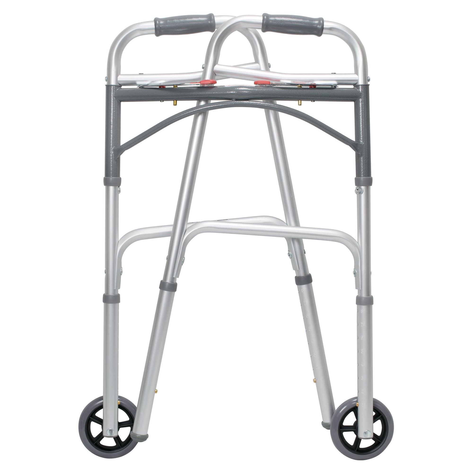 Dual Release Folding Walker with Wheels Adjustable Height McKesson Aluminum Frame 350 lbs. Weight Capacity 32 to 39 Inch Height,Packaging Type- Case/4