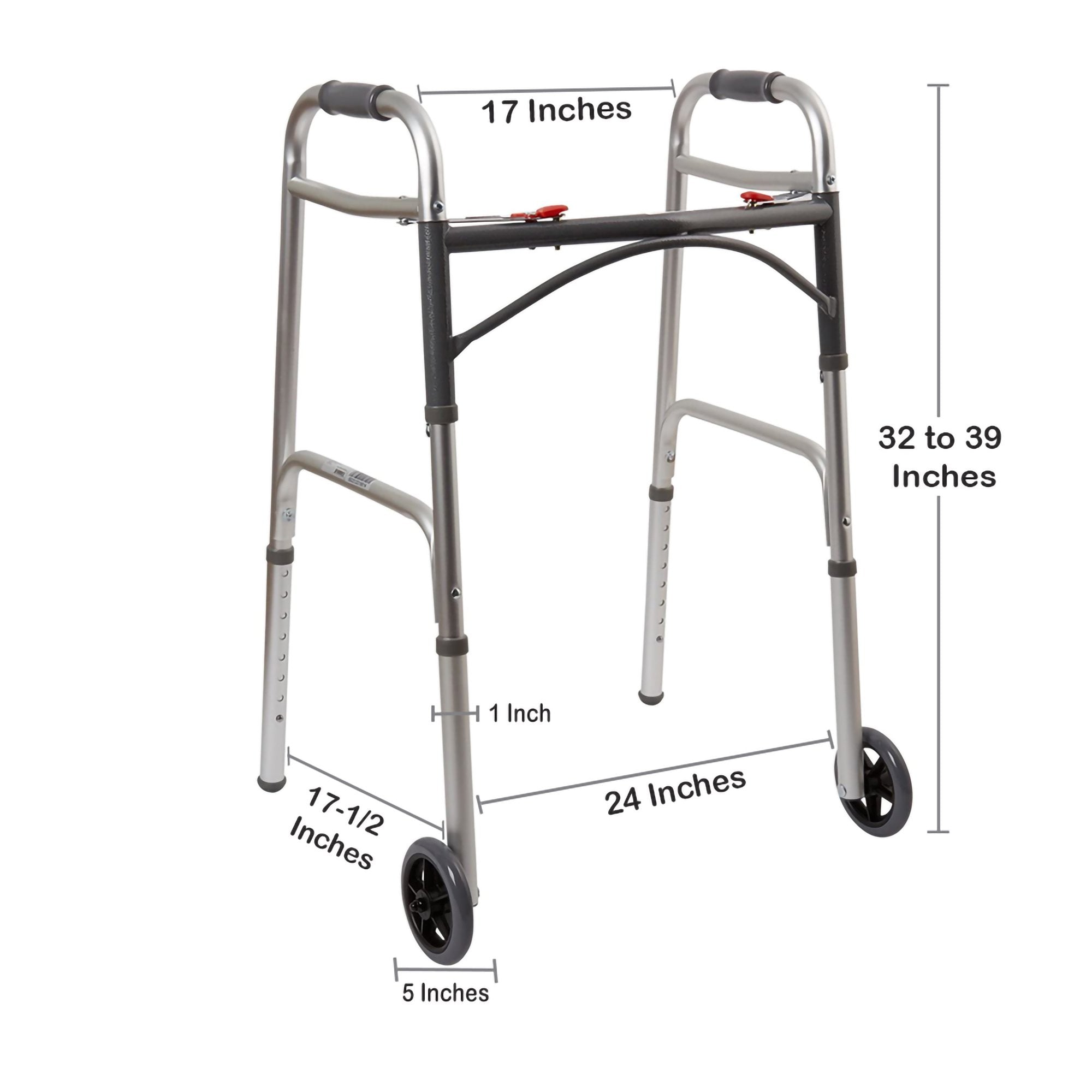 Dual Release Folding Walker with Wheels Adjustable Height McKesson Aluminum Frame 350 lbs. Weight Capacity 32 to 39 Inch Height,Packaging Type- Case/4