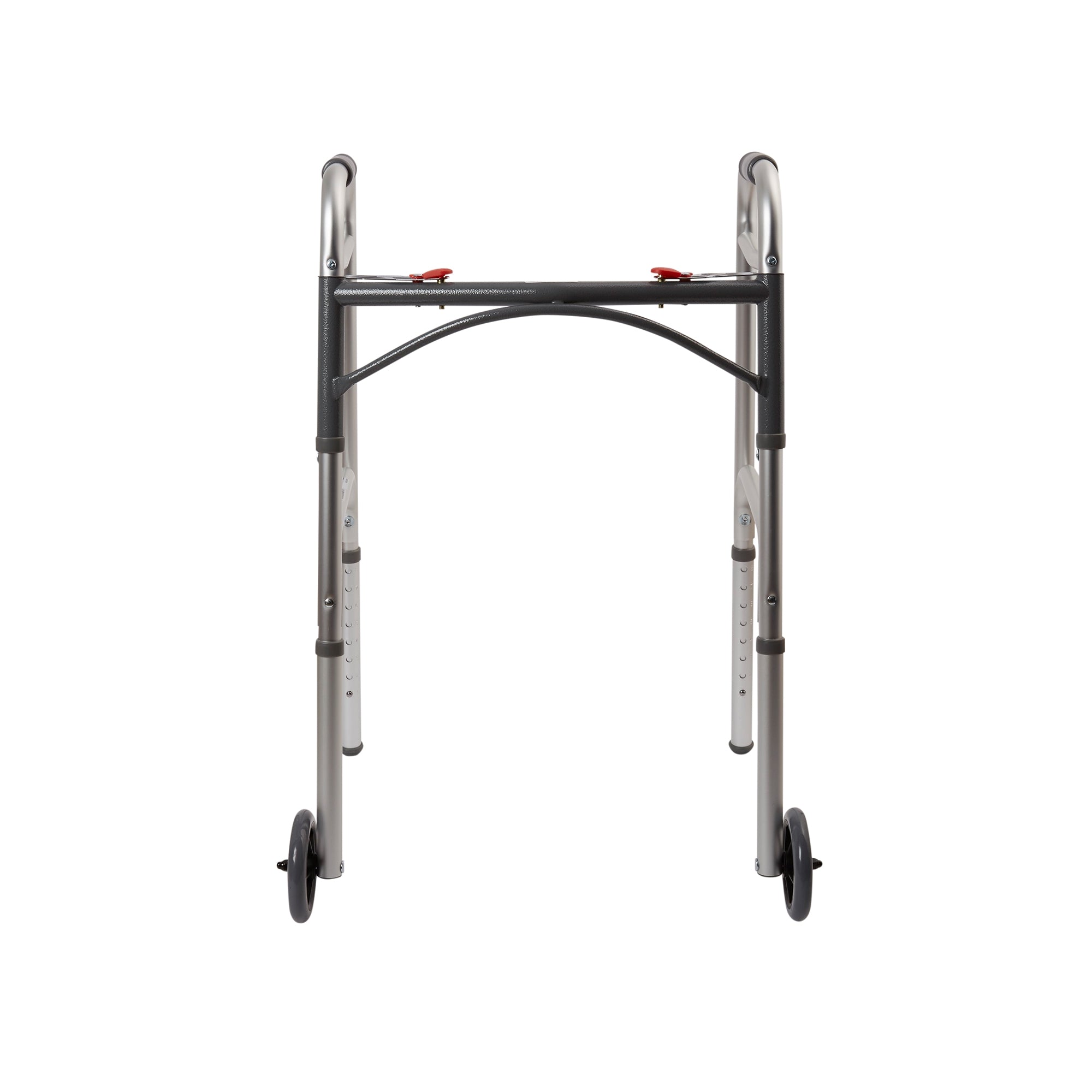 Dual Release Folding Walker with Wheels Adjustable Height McKesson Aluminum Frame 350 lbs. Weight Capacity 32 to 39 Inch Height Packaging type (each)