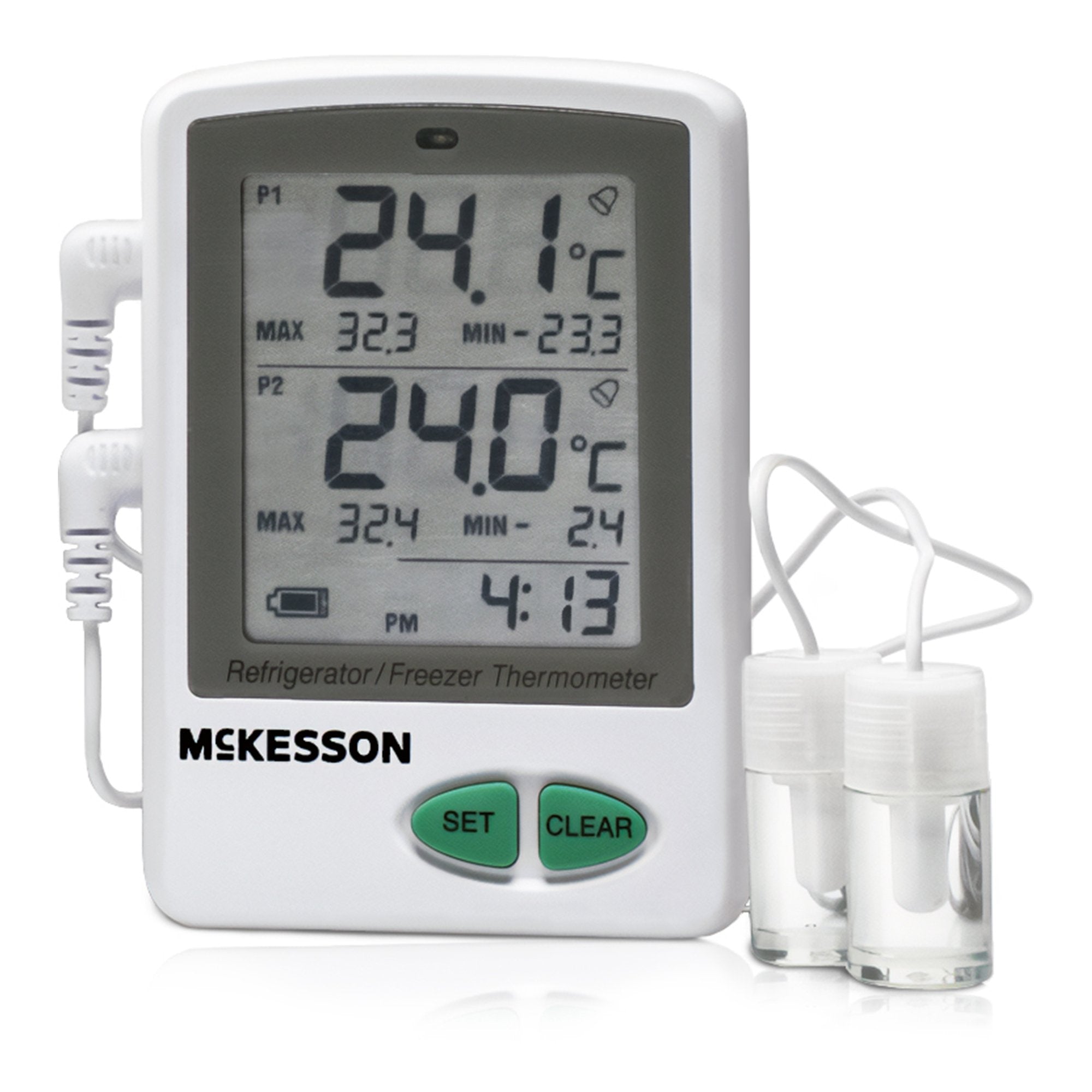 Datalogging Refrigerator / Freezer Thermometer with Alarm McKesson Fahrenheit / Celsius -58Degree to +158DegreeF (-50Degree to +70DegreeC) 2 Glycol Bottle Probes / Internal Sensor Flip-out Stand Battery Operated, Packaging Type- Each
