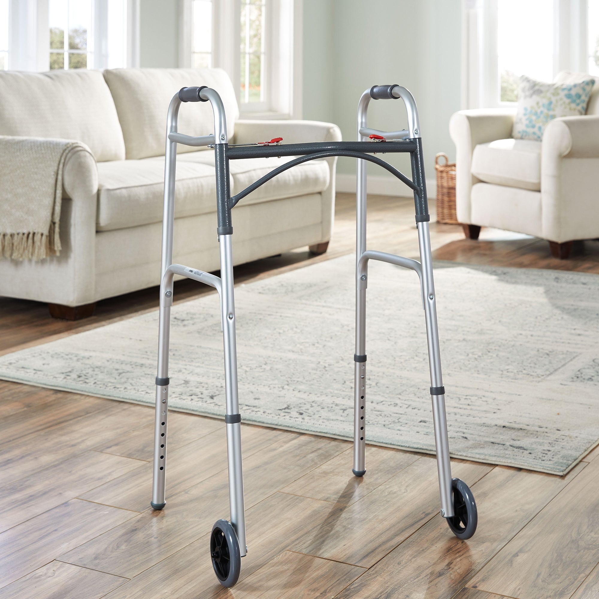 Dual Release Folding Walker with Wheels Adjustable Height McKesson Aluminum Frame 350 lbs. Weight Capacity 32 to 39 Inch Height, Packaging Type- Each