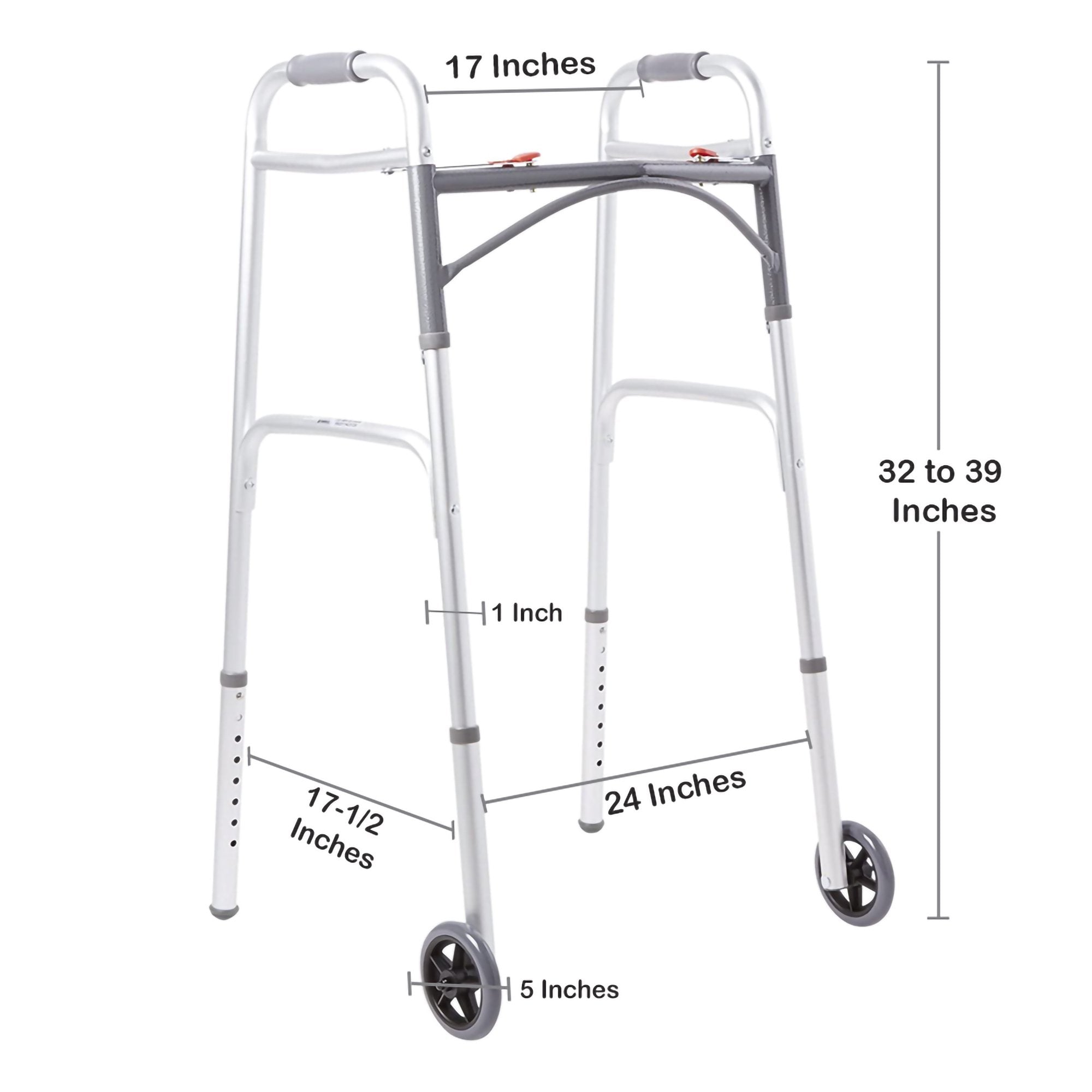 Dual Release Folding Walker with Wheels Adjustable Height McKesson Aluminum Frame 350 lbs. Weight Capacity 32 to 39 Inch Height, Packaging Type- Each