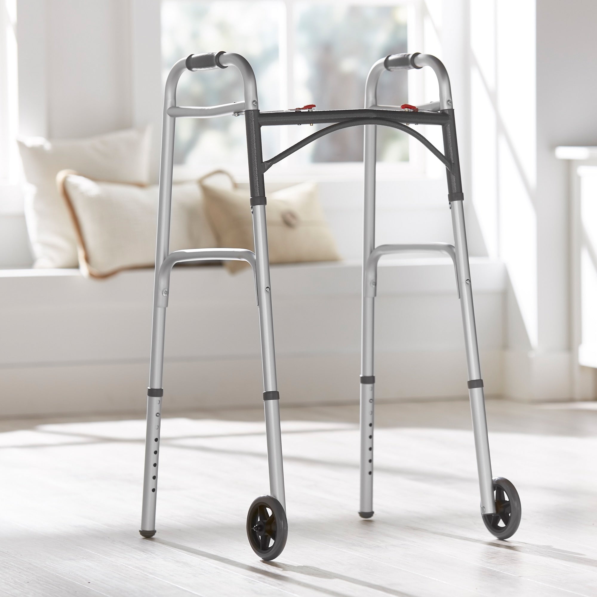 Dual Release Folding Walker with Wheels Adjustable Height McKesson Aluminum Frame 350 lbs. Weight Capacity 32 to 39 Inch Height, Packaging Type- Each