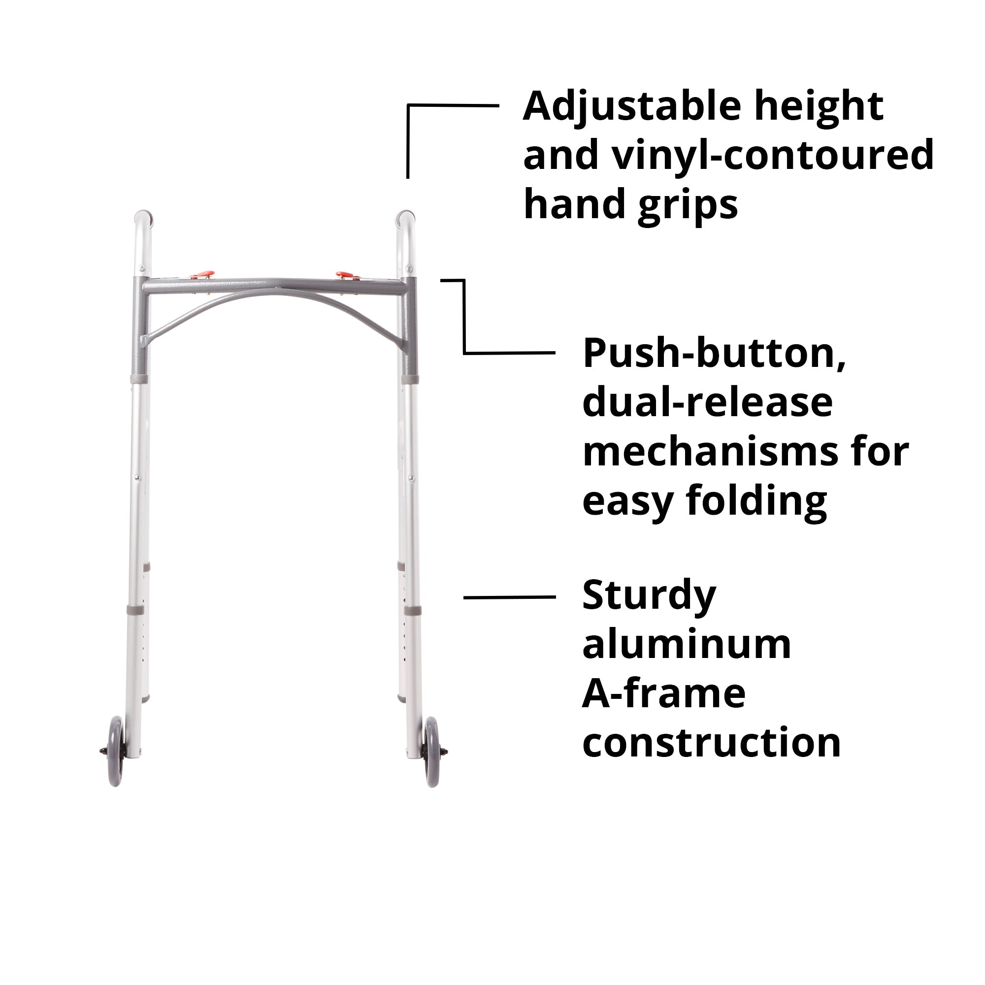 Dual Release Folding Walker with Wheels Adjustable Height McKesson Aluminum Frame 350 lbs. Weight Capacity 32 to 39 Inch Height, Packaging Type- Each