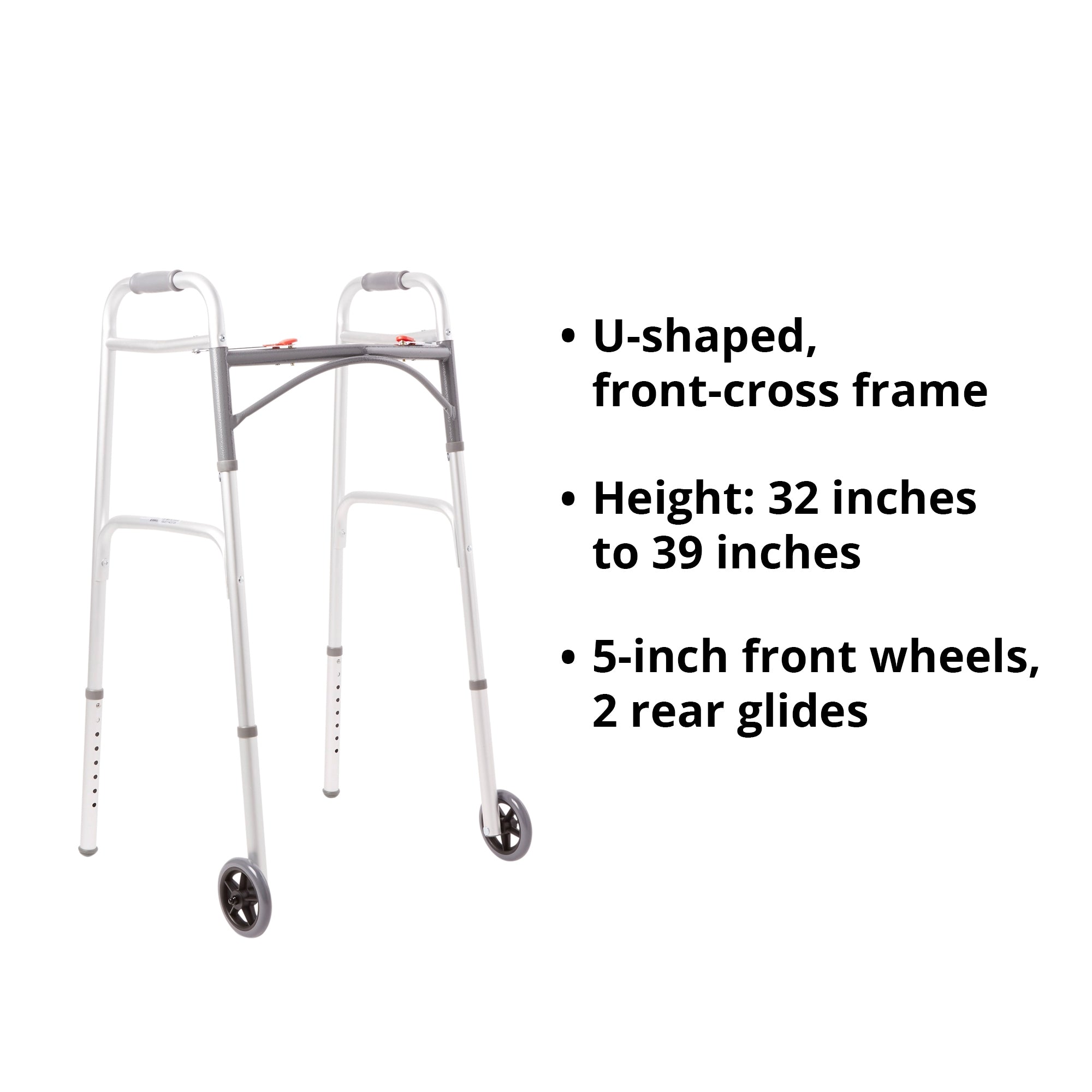 Dual Release Folding Walker with Wheels Adjustable Height McKesson Aluminum Frame 350 lbs. Weight Capacity 32 to 39 Inch Height, Packaging Type- Each