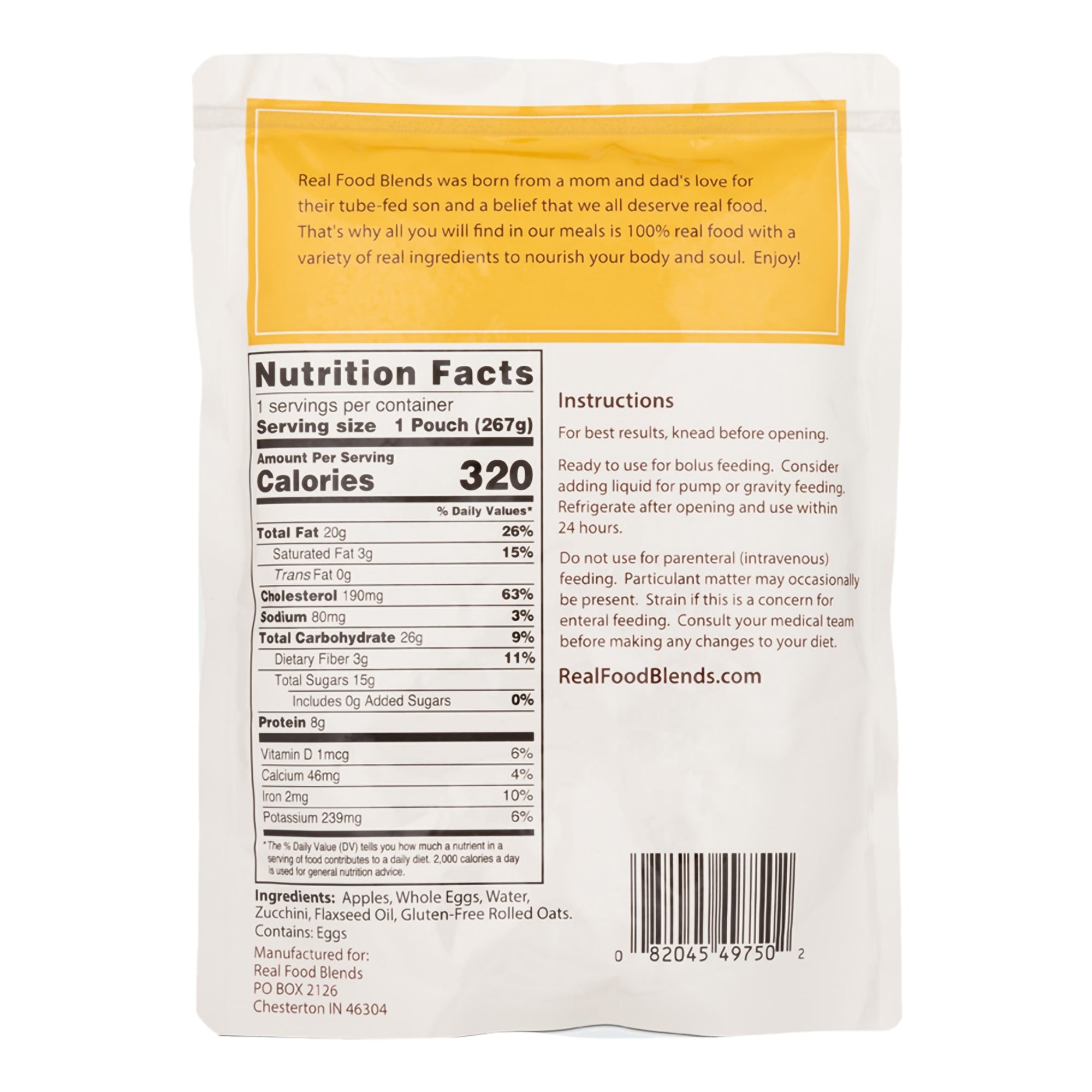 Tube Feeding Formula Real Food Blends Apples, Whole Eggs, Water, Zucchini, Falxseed Oil, Rolled Oats (Oats are certified gluten-free.) Liquid 9.4 oz. Pouch