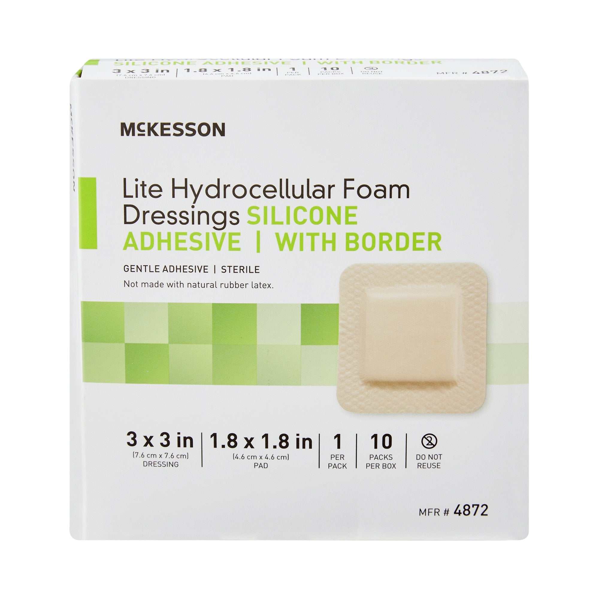 Thin Foam Dressing McKesson Lite 3 X 3 Inch With Border Film Backing Silicone Gel Adhesive Square Sterile,Packaging Type- Box