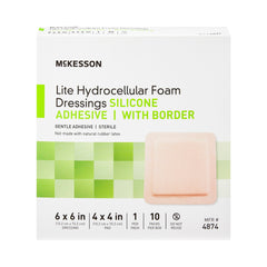 Thin Foam Dressing McKesson Lite 6 X 6 Inch With Border Film Backing Silicone Gel Adhesive Square Sterile,  Packaging Type- Box