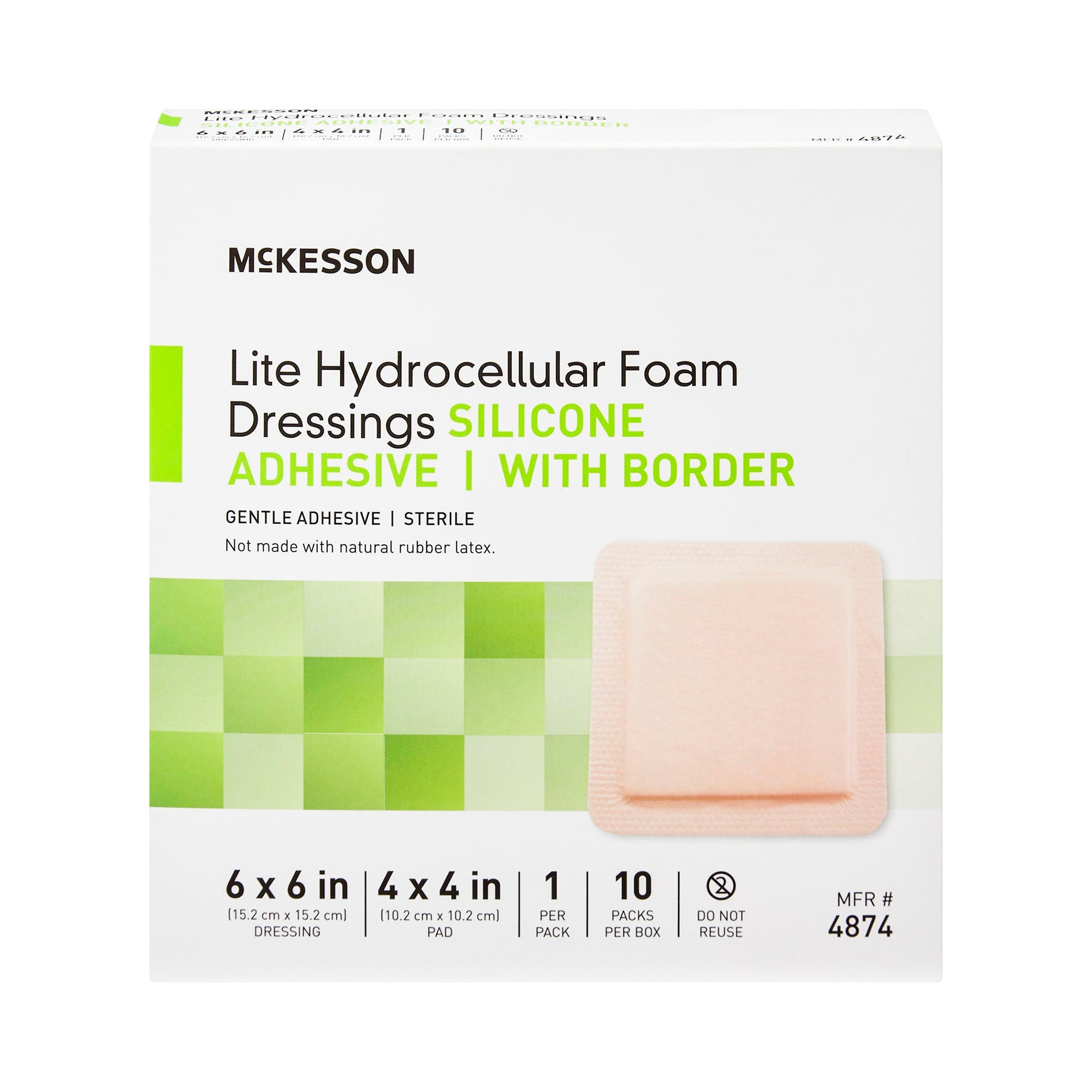 Thin Foam Dressing McKesson Lite 6 X 6 Inch With Border Film Backing Silicone Gel Adhesive Square Sterile,  Packaging Type- Box