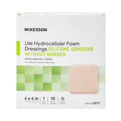 Thin Foam Dressing McKesson Lite 4 X 4 Inch Without Border Film Backing Silicone Gel Adhesive Square Sterile,  Packaging Type- Box