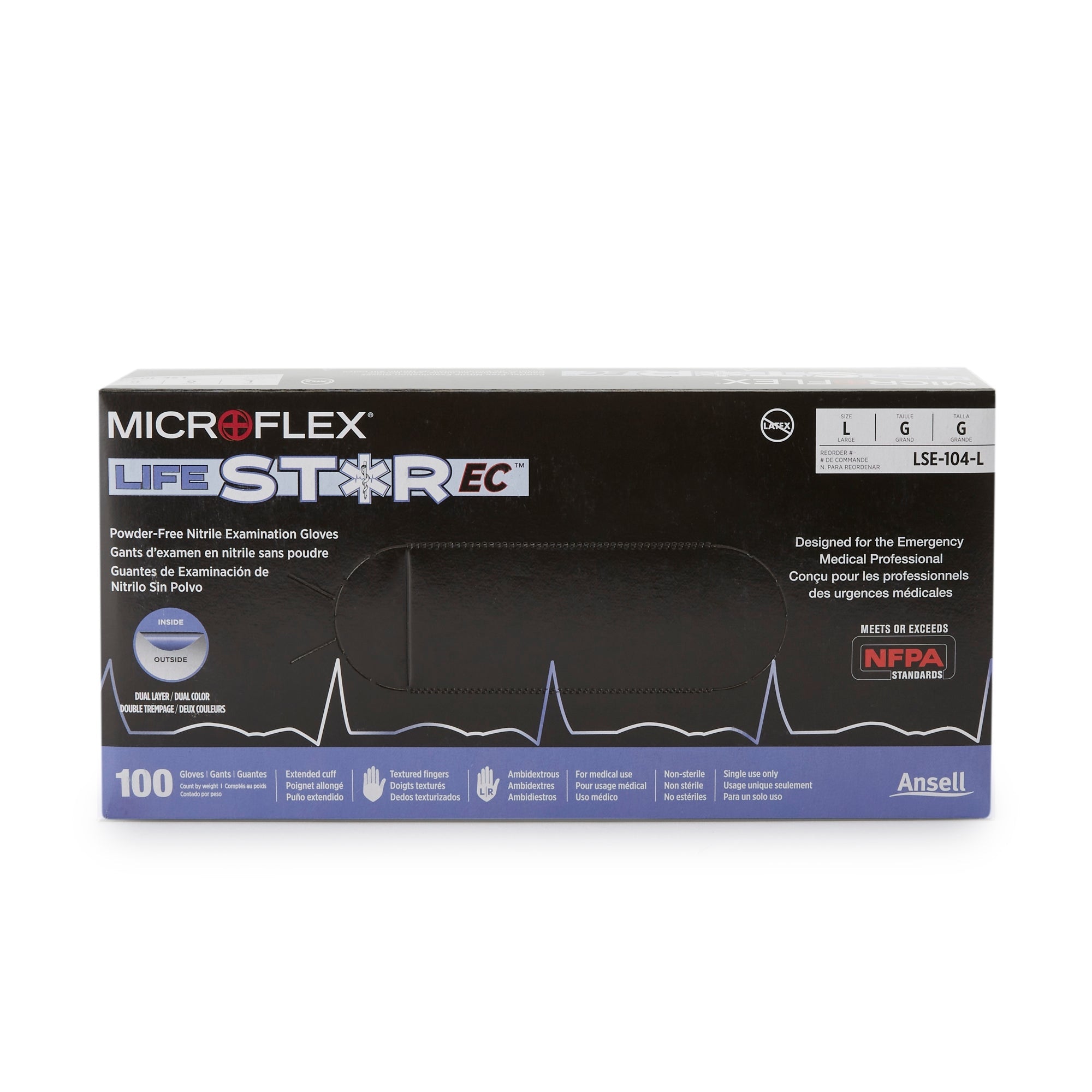 Guante de examen LifeStar EC grande de nitrilo no estéril, puño extendido, puntas de los dedos texturizadas, blanco/azul, probado con fentanilo